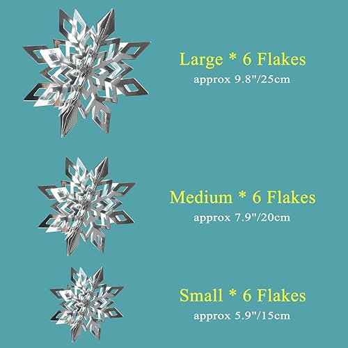 Miniatura 2 de 18 adornos colgantes 3D de copos de nieve de Navidad, decoración de copos de nieve de papel congelado azul de invierno plateado para princesa de