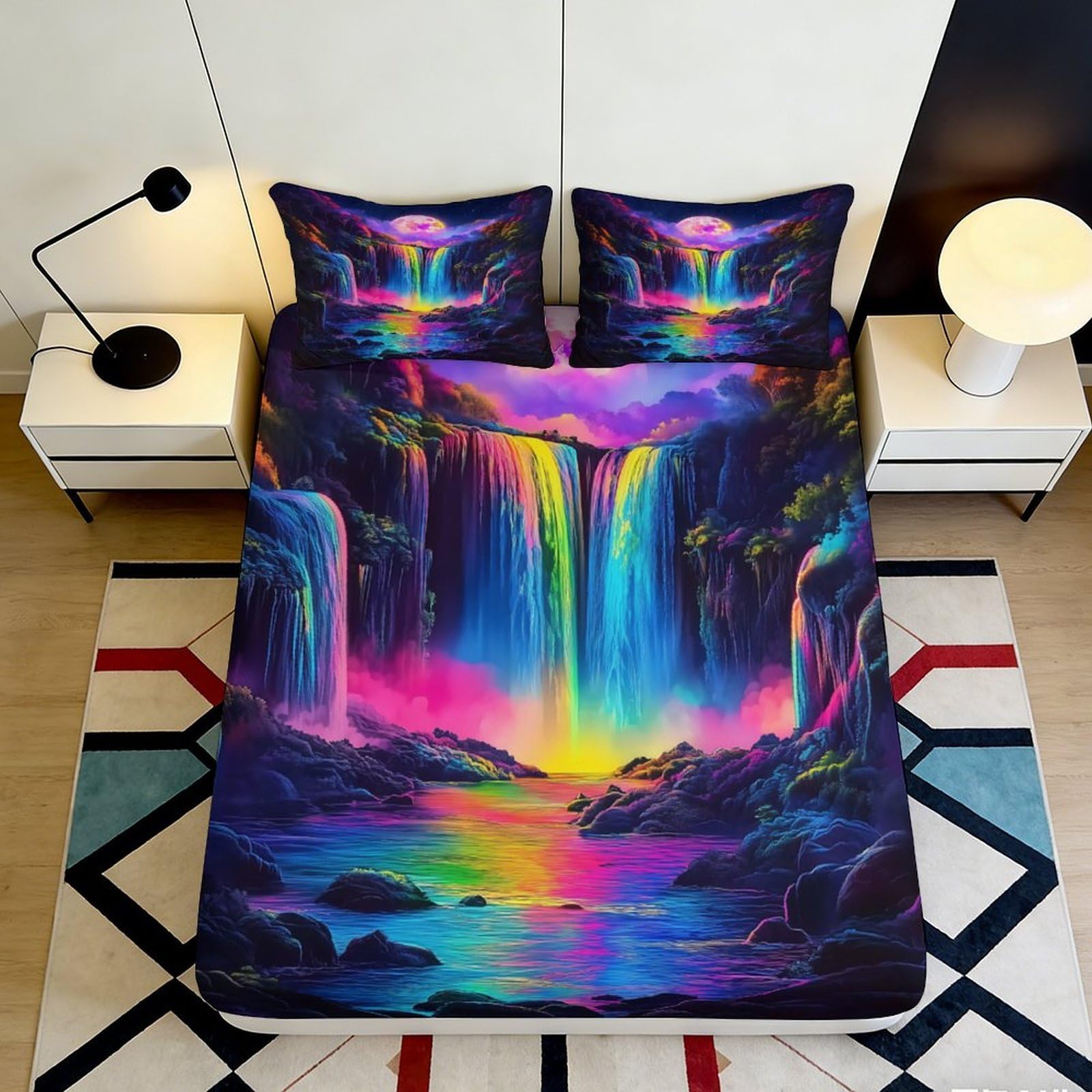Jqzkxnhpbr Style-1 3D Printed Neon Waterfall Fitted Sheet Microfiber Soft Rainbow Landscape Bed Cover For Bedroom Guestroom Decor 90X200x25cm