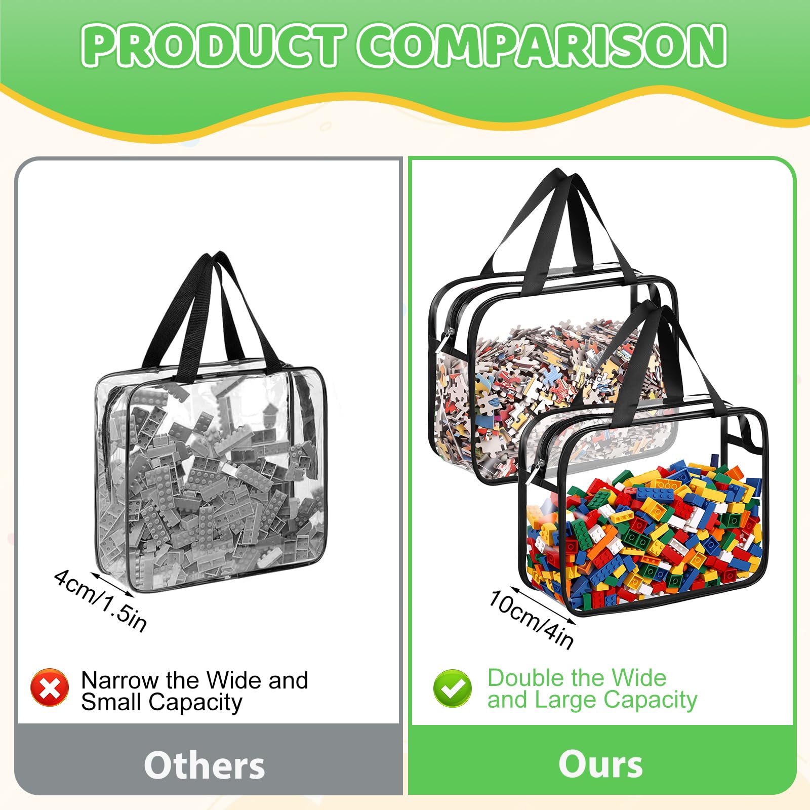 Dntorx Sacchetti per giocattoli, organizzazione e conservazione, confezione da 4 organizer in PVC trasparente, grandi borse impermeabili con cerniera con manici per libri per bambini, puzzle, blocchi