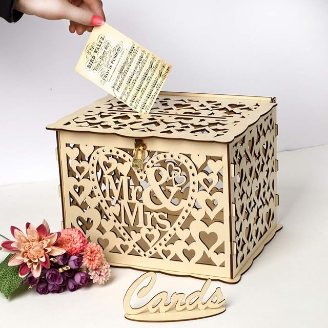 Alnicov Wedding Card Box,Wooden Rustic Wedding Decorations and Country Wedding Decorations,Card Box with Lock for Wedding Reception,Bridal Shower,and Anniversary