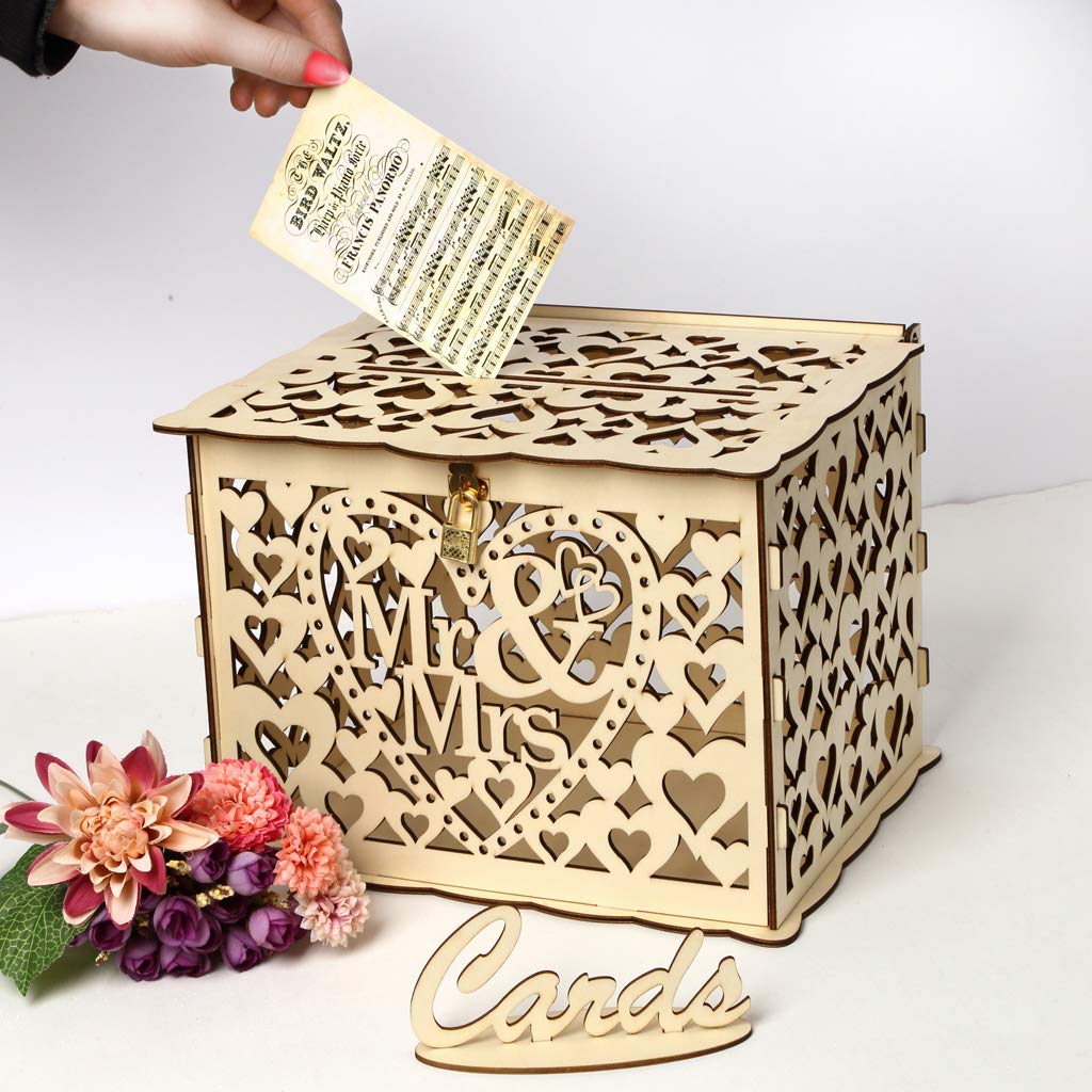 Alnicov Wood Color Rustic Wedding Decorations - Card Box With Lock For Reception, Bridal Shower, Anniversary