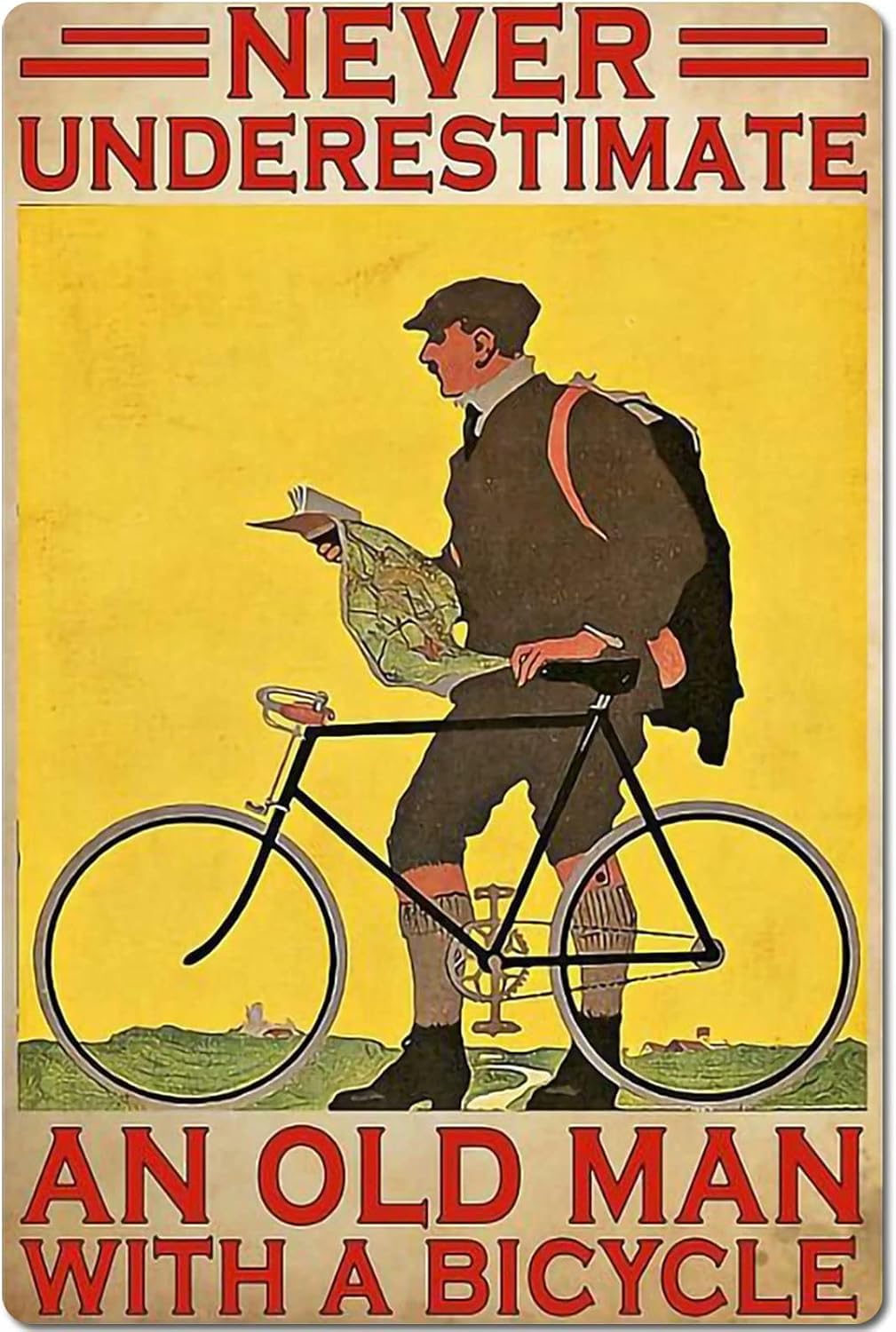 Cycling Tin Sign Antique Vintage Metal Poster Never Underestimate An Old Man With A Bicycle Wall Art Hanging Plaque For Farm Bedroom Garage Bathroom Club Man Cave Bar Cafe Wall Decoration 12x8 inch