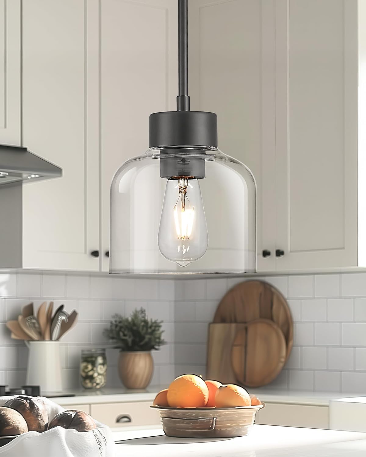 2-Pack Pendant Lights Kitchen Island, 7" Matte Black Hanging Lights Fixtures with Clear Glass Shade, Modern Kitchen Pendant Lighting Over Island for Dining Room, AD-24024-1P2-BK