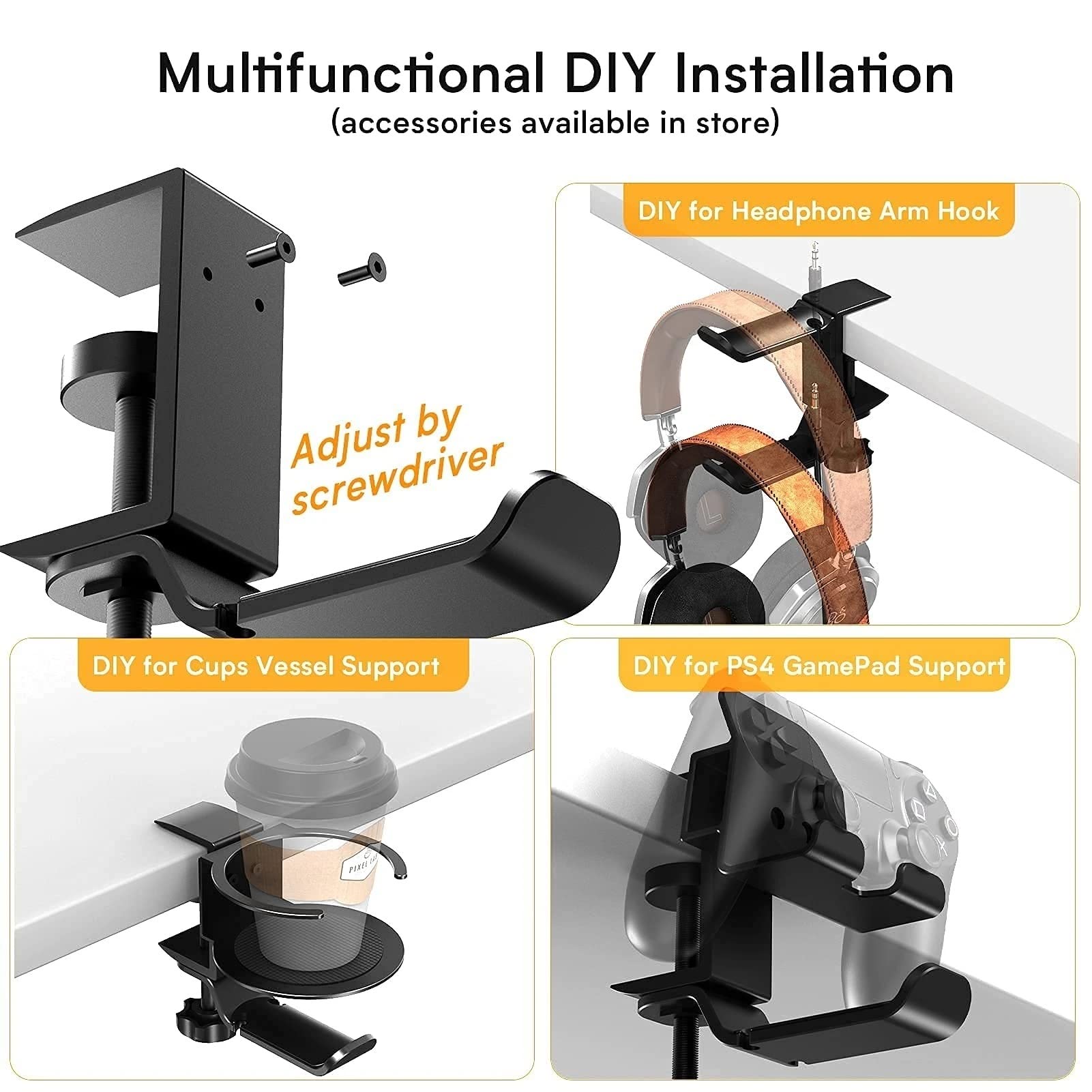 Supporto per cuffie Supporto for cuffie da gioco for PC, doppio gancio for for con morsetto for braccio regolabile e rotante, design sotto la scrivania