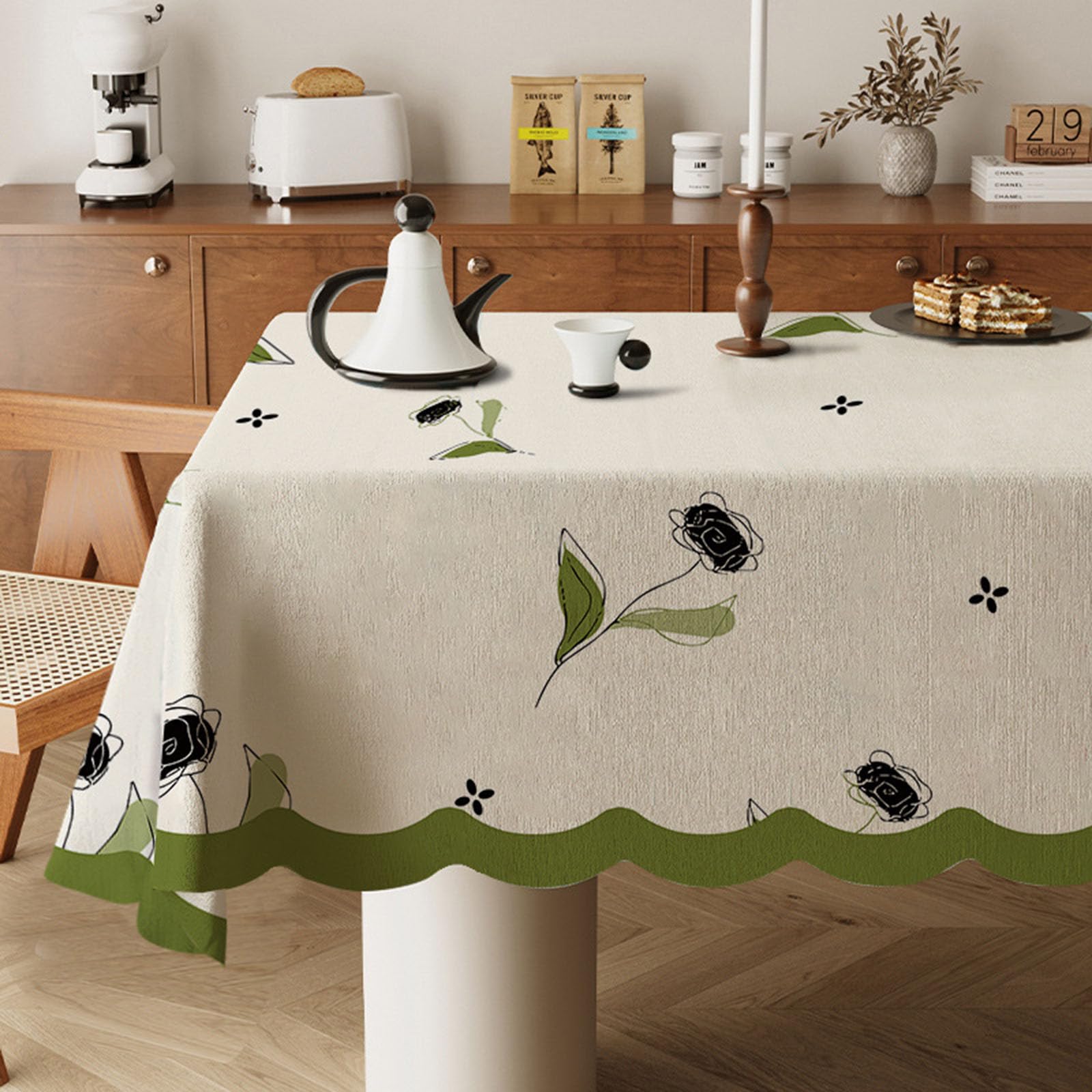 Odot Wipe Clean Tablecloths - Square, Stain Resistant Country Style Cotton and Linen Rectangular Table Cover for Kitchen, Dining, Coffee Table (Black Flowers,100x160cm) โ image 1