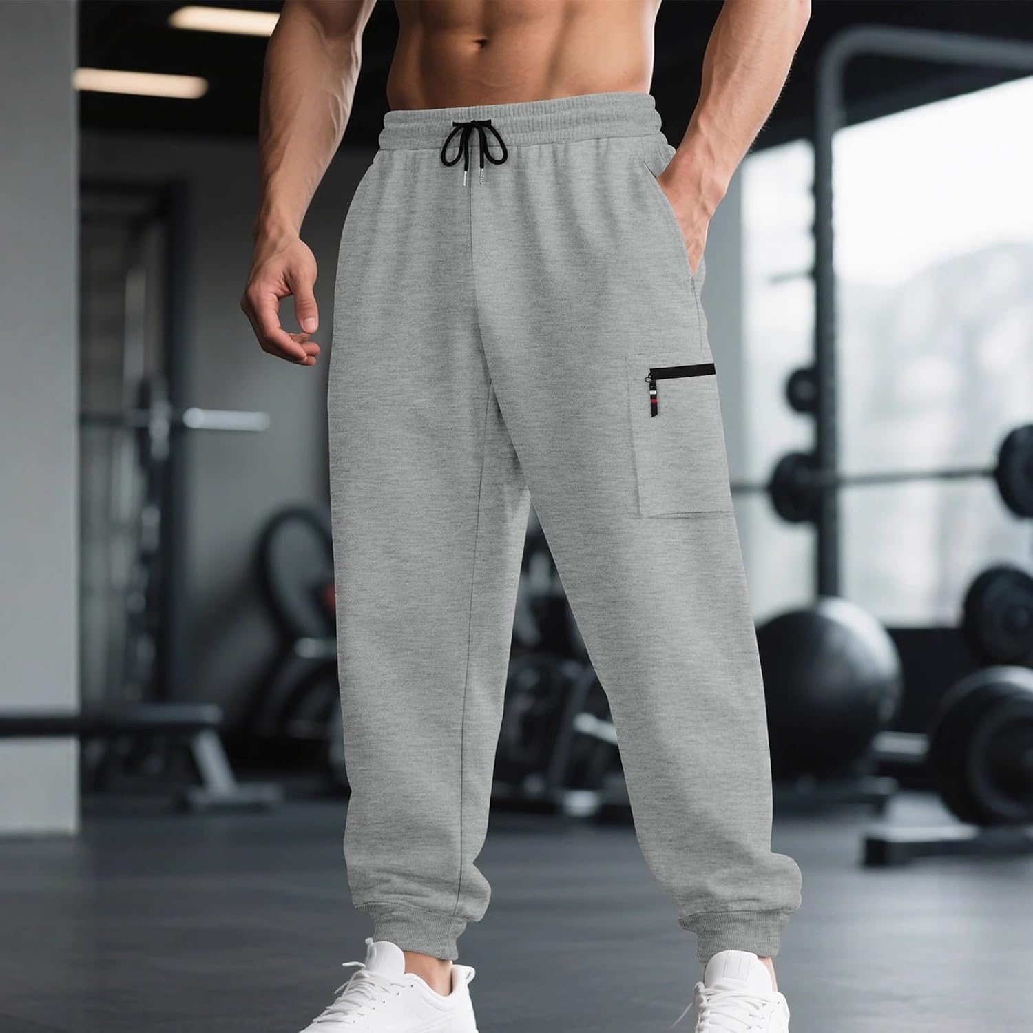Men Jogger Pants Drawstring Waist Zip Cargo Pocket Sweatpants