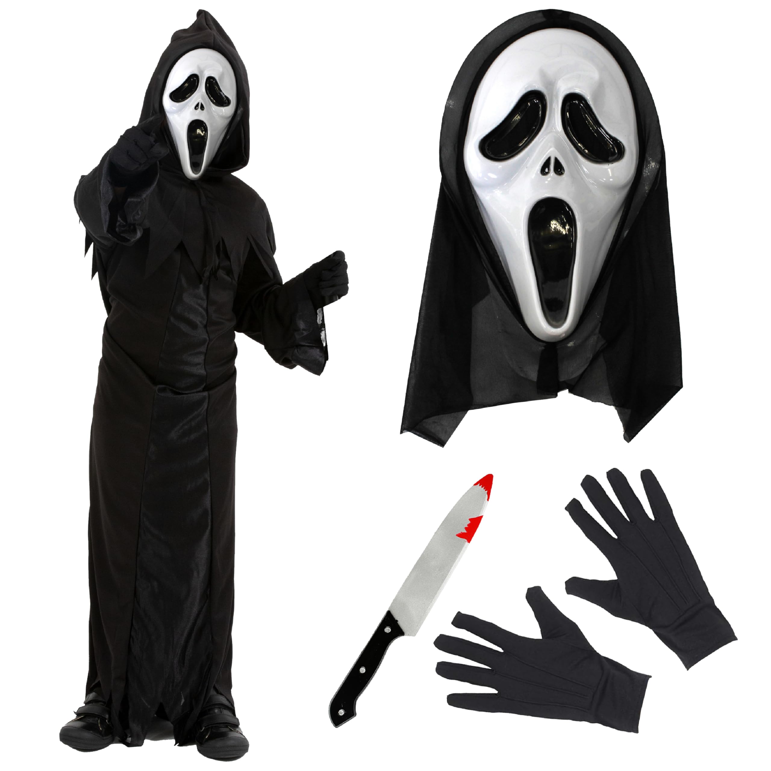 Kostium krzykacza dla dzieci - czarny szlafrok żniwiarza, maska krzykacza z kapturem, plastikowy rekwizyt do noża i czarne rękawiczki - idealny na Halloween, filmy i inne fantazyjne przebrania