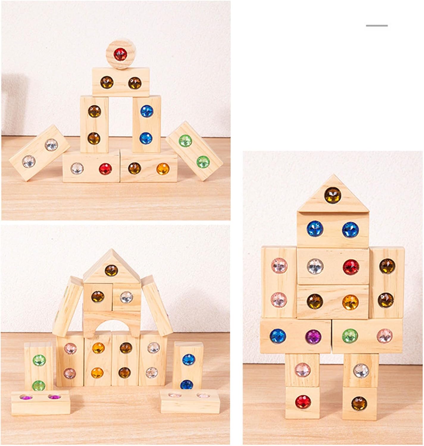 Acrylic Wooden Gem Block Wooden Blocks Set with Colorful Acrylic Inserts Rainbow Gem Cubes Stacking Blocks Early Learning Tool (50PCS)