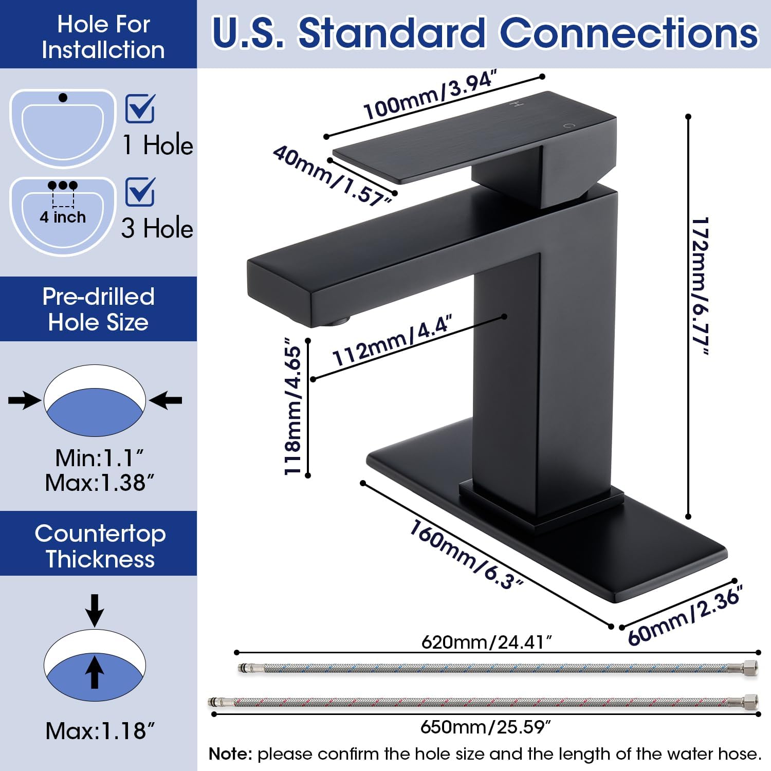 Black Bathroom Faucet, Stainless Steel Vanity Bathroom Sink Faucet with Pop Up Drain Stopper and Water Hoses, Easy to Install Bathroom Faucet 1 Hole for Bathroom Sink, Vanity, RV, Farmhouse - Image 6