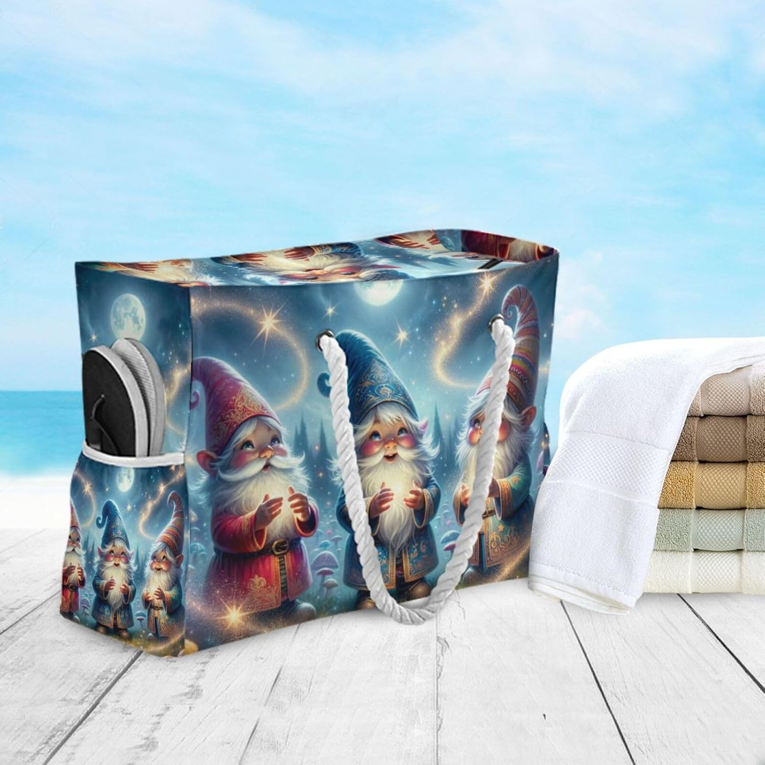 OTVEE Magic Gnomes Pattern Beach Bags for Women Ladies Large Canvas Tote Shoulder Bag Waterproof Travel Bags for Gym Swim Pool Camping