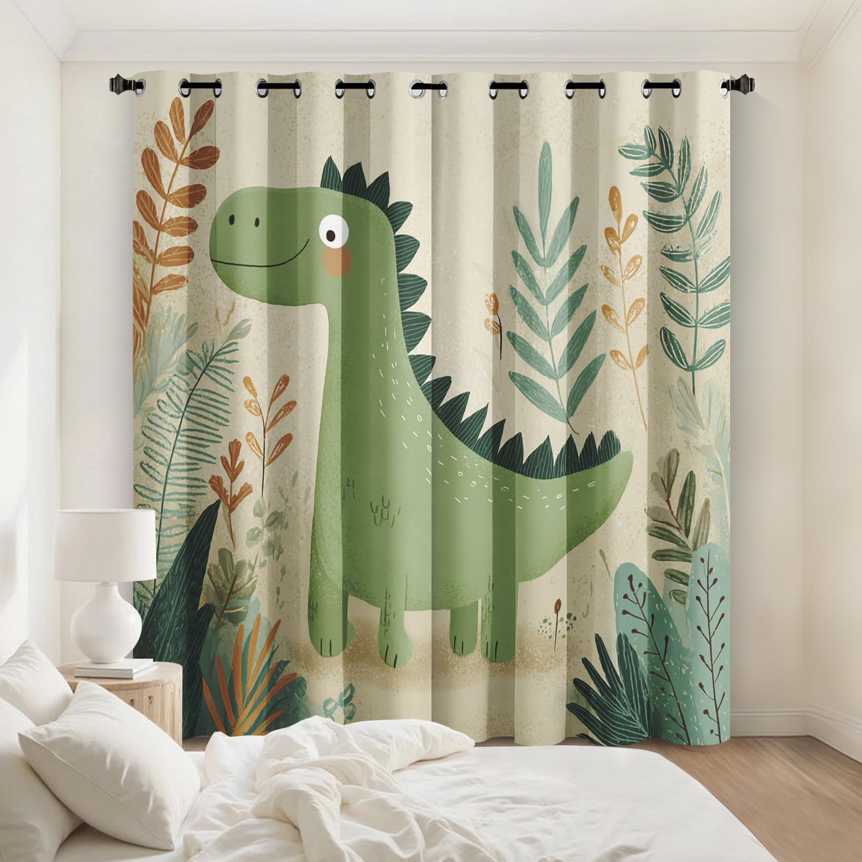 Générique Lot de 2 Rideau Occultant Dinosaure, Rideau Isolant Thermique à Oeillets pour Salon Chambre Cuisine Fenetre, Motif Feuilles Dinosaure Mignon Enfant, 140x220 cm (LxH)