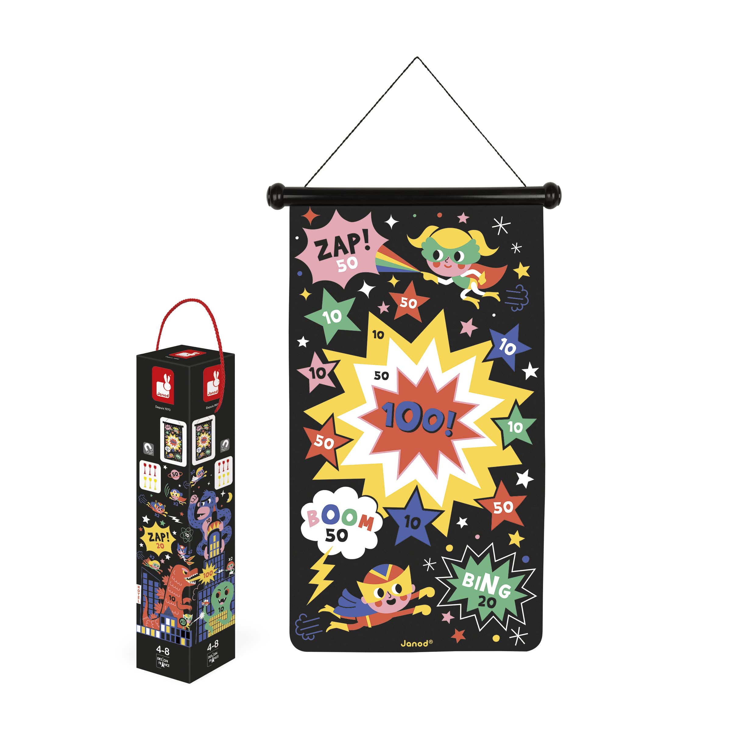 Janod - Jeu de Fléchettes Magnétiques Thème Super Héros - 6 Fléchettes Aimantées en Plastique - Jeu en Tissu Recto Verso - Dès 4 Ans, J02090