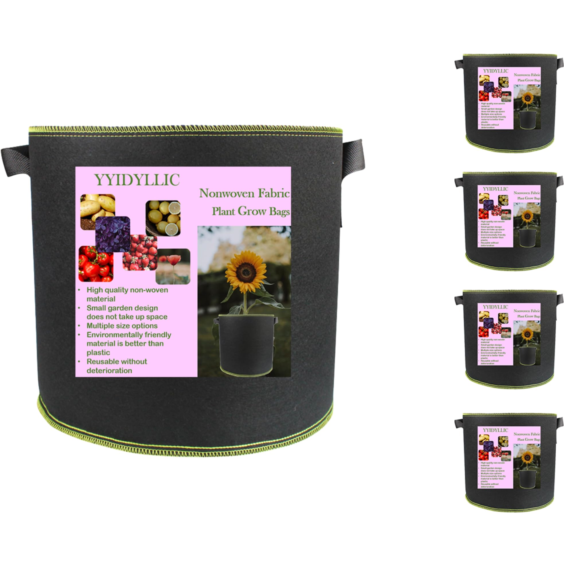 YYIDYLLICAE002-7 Planting Grow Bag 5 Packs 7 Gallon Aeration Fabric Pots Heavy Duty Garden Planter Containers Thickened Non-woven Planting Pots with Reinforced Handles for Vegetables Fruits