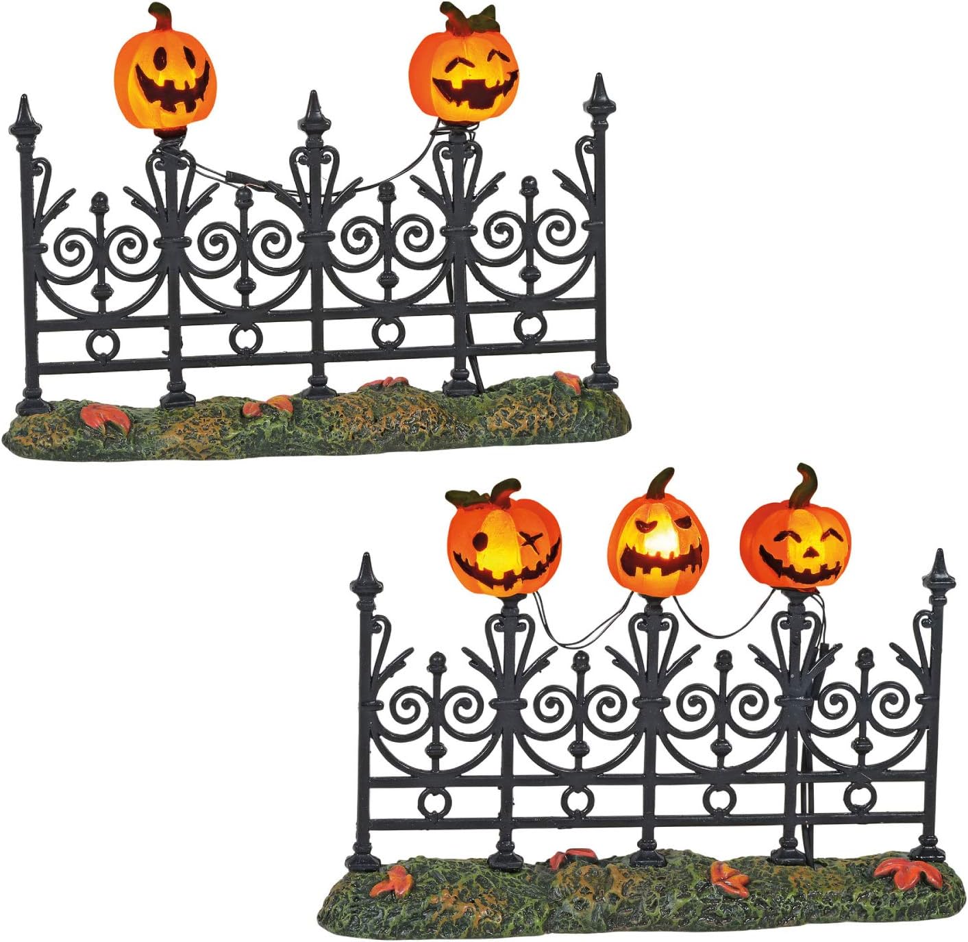 Department 56 6005557 Village Collection Accessories Halloween Jack-o-Lantern Miniature Lit Fence Figurine Set, 3 Inch, Multicolor