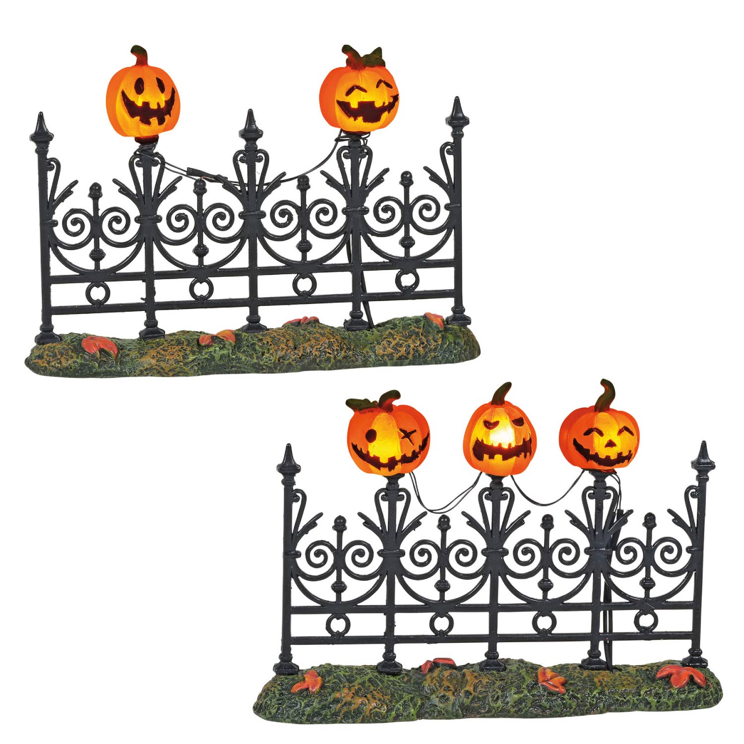Department 56 6005557 Village Collection Accessories Halloween Jack-o-Lantern Miniature Lit Fence Figurine Set, 3 Inch, Multicolor