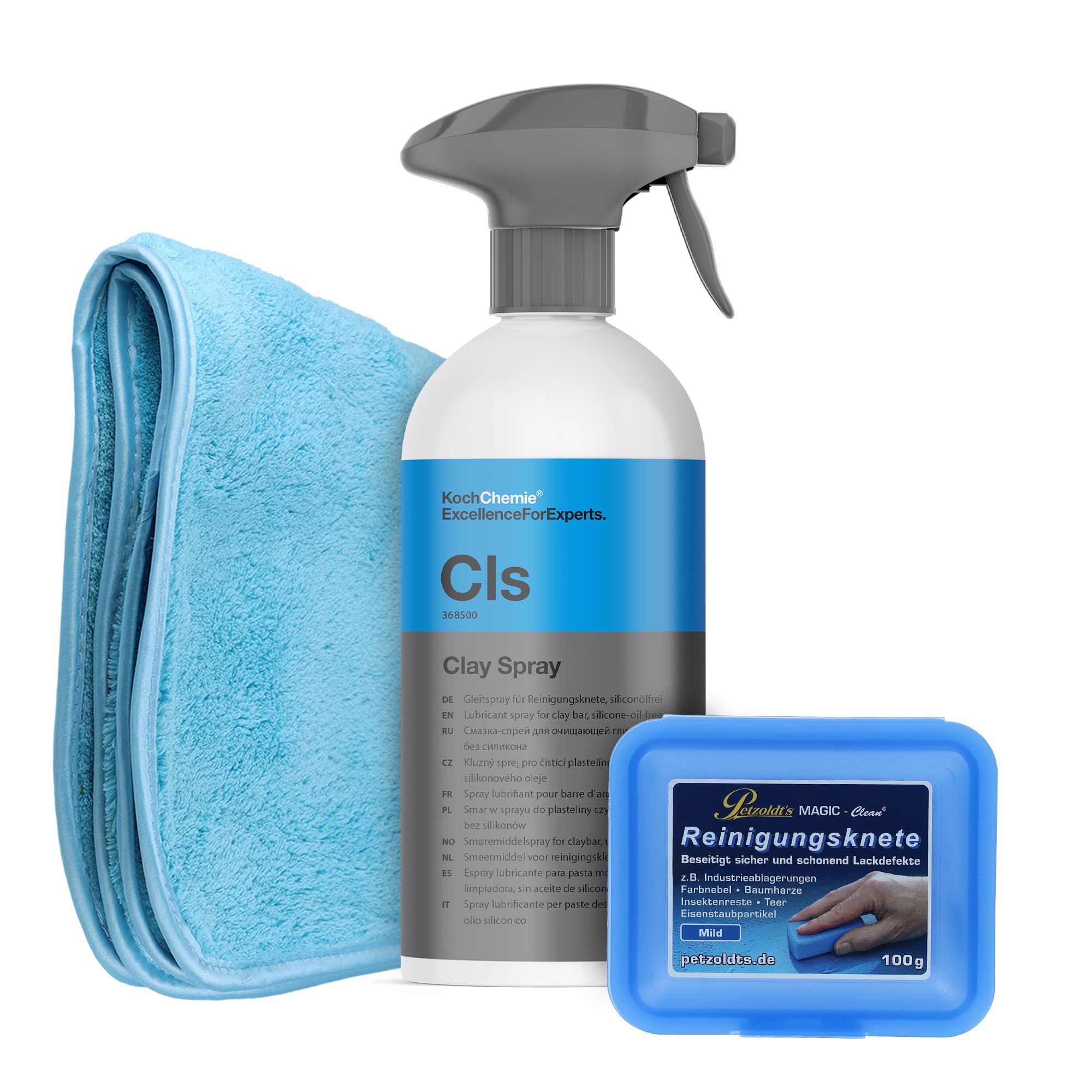 Auto Lackreinigung Set | Petzoldt's Reinigungsknete Blau 100 Gramm + Koch Chemie Clay Spray Gleitmittel 500ml | Lackknete zur Entfernung von Flugrost Harz Teerflecken vom Autolack
