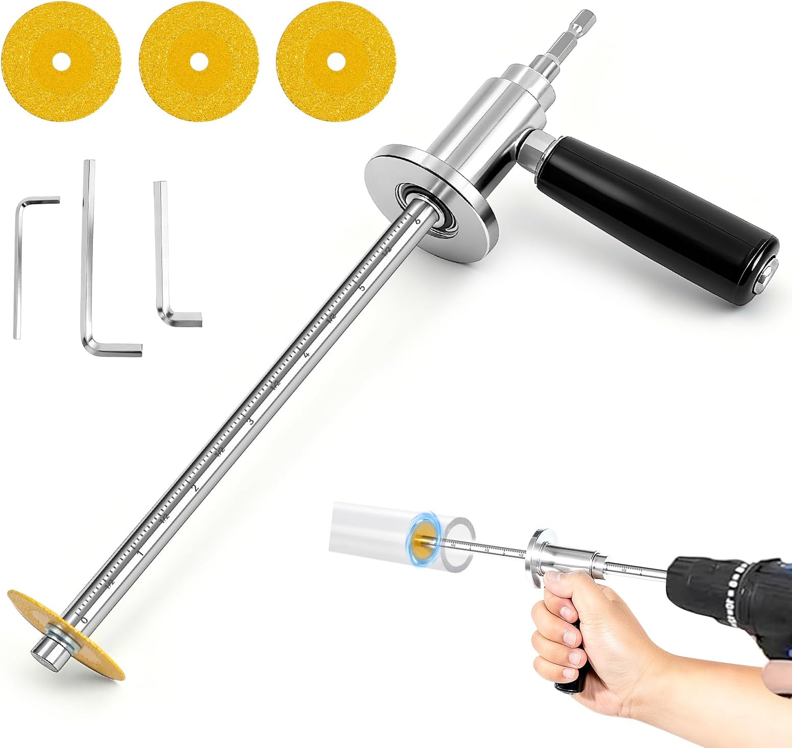 Huazu Inside Pipe Cutter for PVC Pipe, Internal Pipe Cutter Set– 7-Inch Adjustable Depth Tool, with Diamond Grit Cutting Wheel & Handle, Inside PVC Pipe Cutter for Drill and Impact Drivers