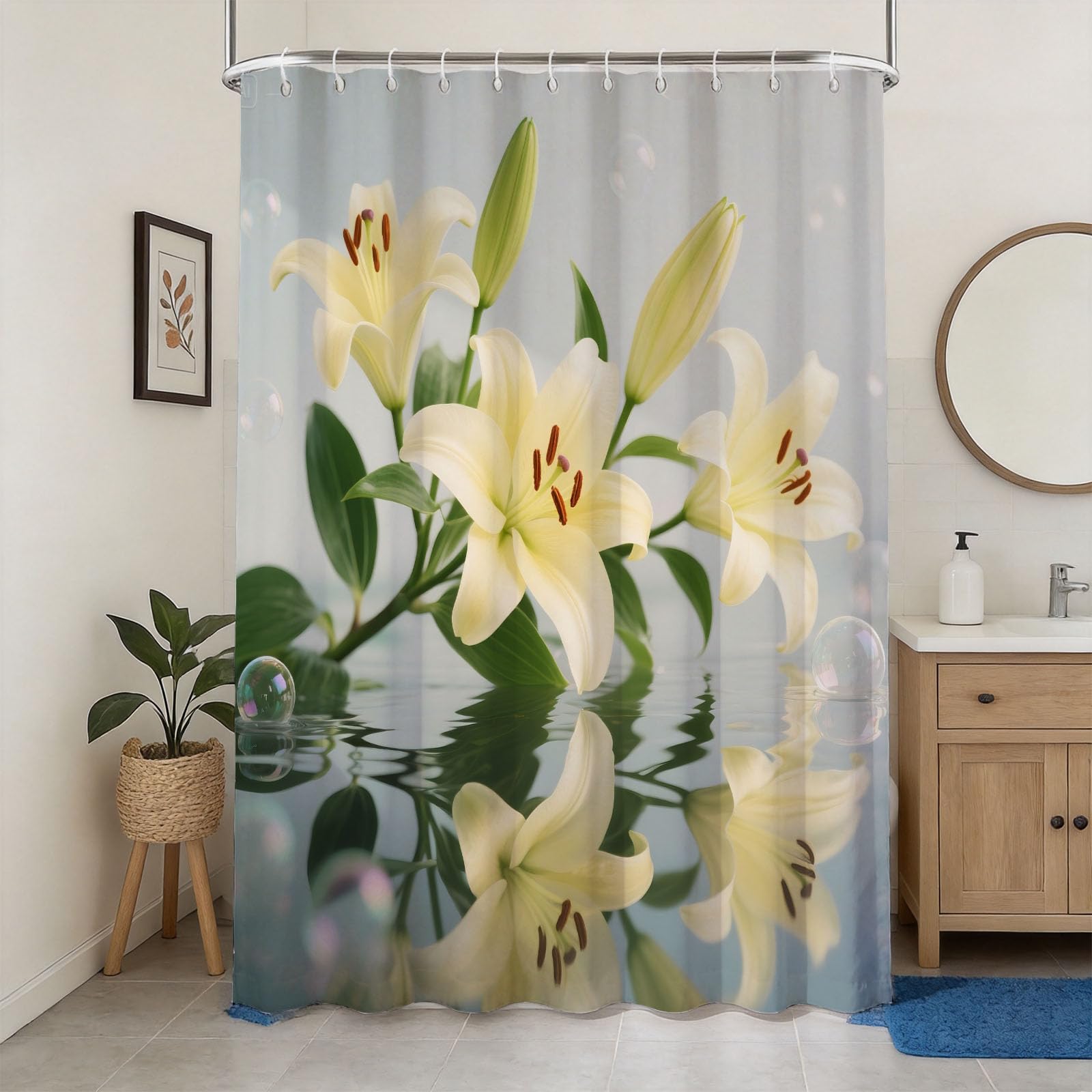 Hongduo 3D Lily Flower Shower Curtain for Stalls Bathtubs Dreamy Bathroom Decor Shower Curtain Set Polyester Fabric Waterproof 180x200cm/71X79 Inch with Hooks