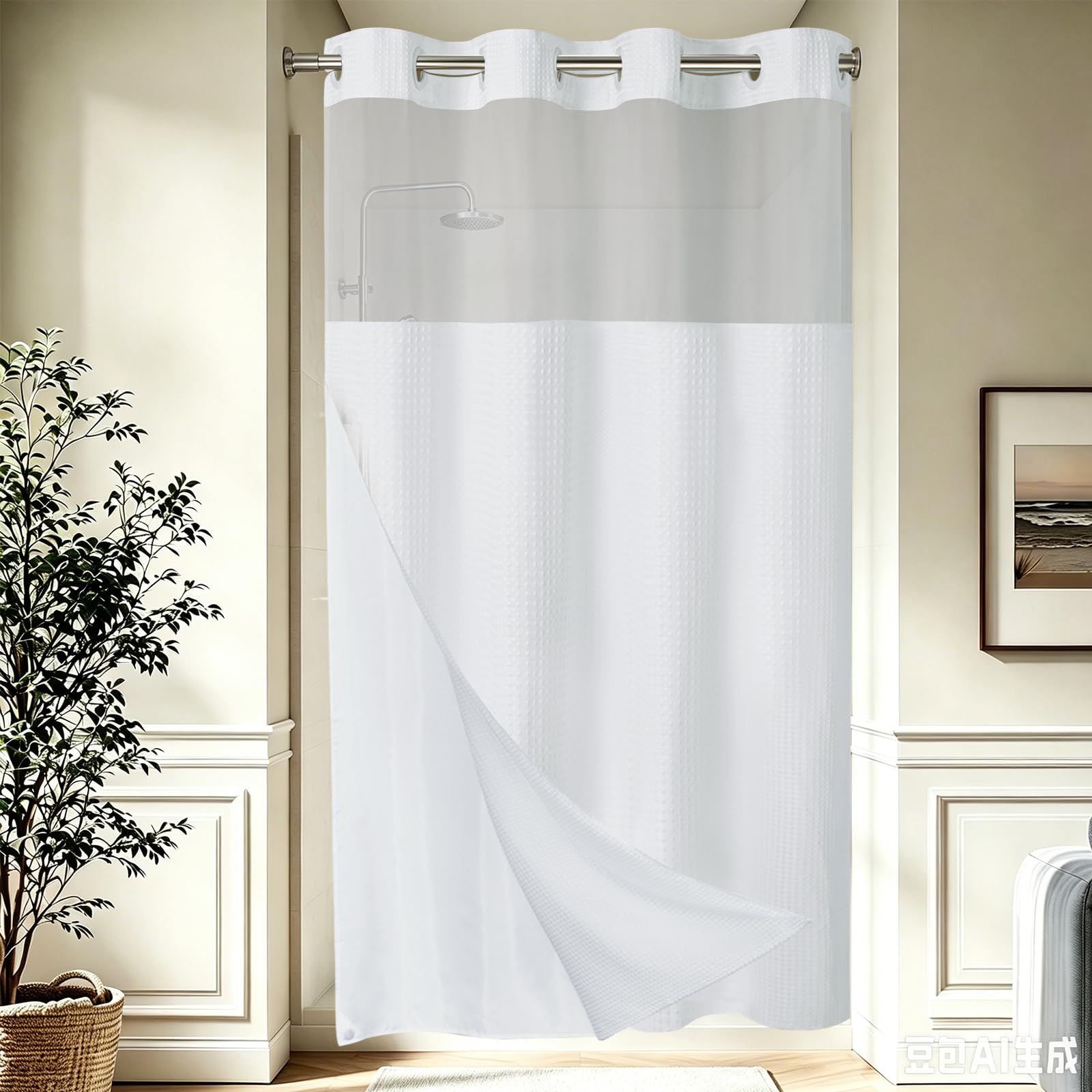 EUTXL Rideau de douche sans crochet avec doublure à clipser – 230 g/m² – Rideau de douche à tissage gaufré pour salle de bain – 152,4 x 188 cm (l x H) – Blanc | Doublure à clipser, tissu gaufré épais, qualité hôtelière, aimants d'angle, imperméable et lav