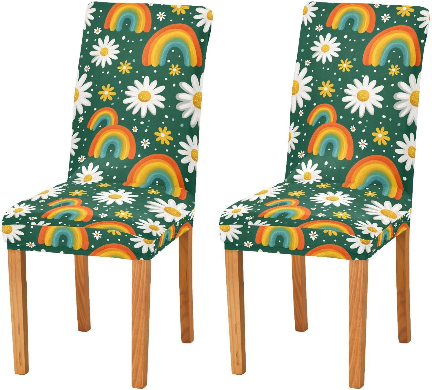 ALAZA Chair Covers for Dining Room, White Daisy and Rainbow Stretch Chair Cover Sets Chair Protector Removable Washable for Ktichen Restaurant Hotel