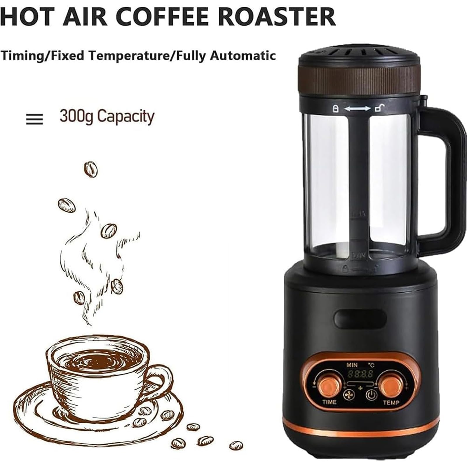 Máquina Tostadora de Café 2400W, Tostador de Aire Caliente 300g con Temporizador & Temperatura Ajustable, Enfriamiento Automático, Cámara de Vidrio para Hogar & Café
