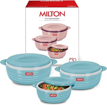 MILTON Aspire Jr. Set of 3 Serving Casserole Double Walled Inner Stainless Steel, 350ml, 720ml,1050ml, PU Insulated Kitchen Hot Pot, Keeps Food hot & Fresh for Roti, Biryani, Blue