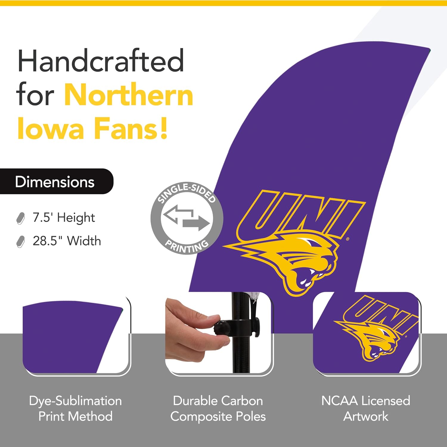 Northern Iowa Panthers College Sports Printed Feather Flag - NCAA Licensed - Super Polyester - School Banner (Purple) (7.5' Cross Base)