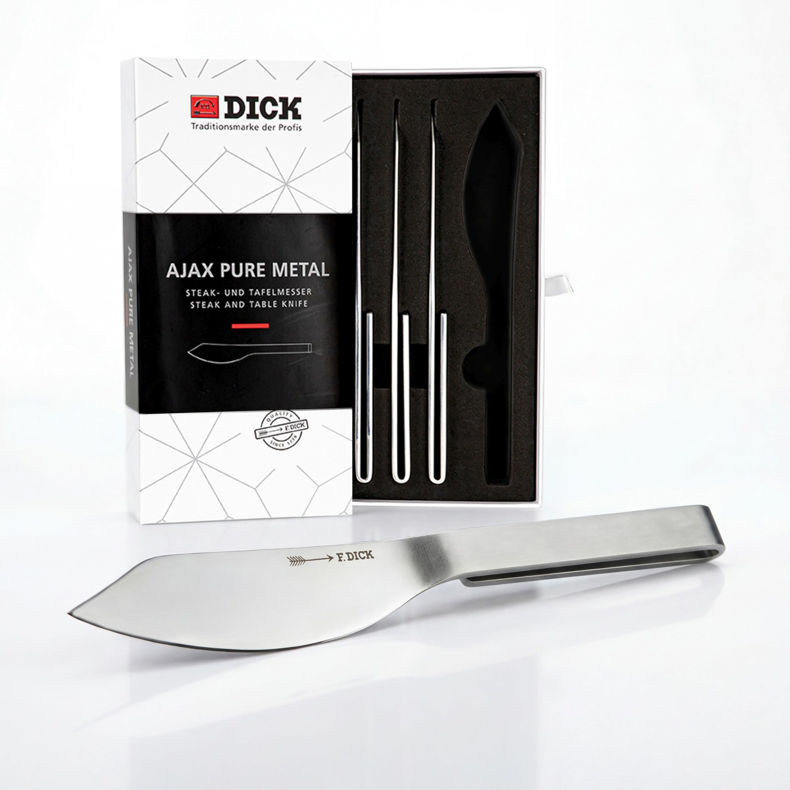 F. DICK Pure Metal Ajax Steakmesser-Set (4-teilig, Messer Set, breites Klingenblatt, geschwungene Schneide, hochwertige Stahllegierung, Steakbesteck) 81584000, Grau, 22 cm