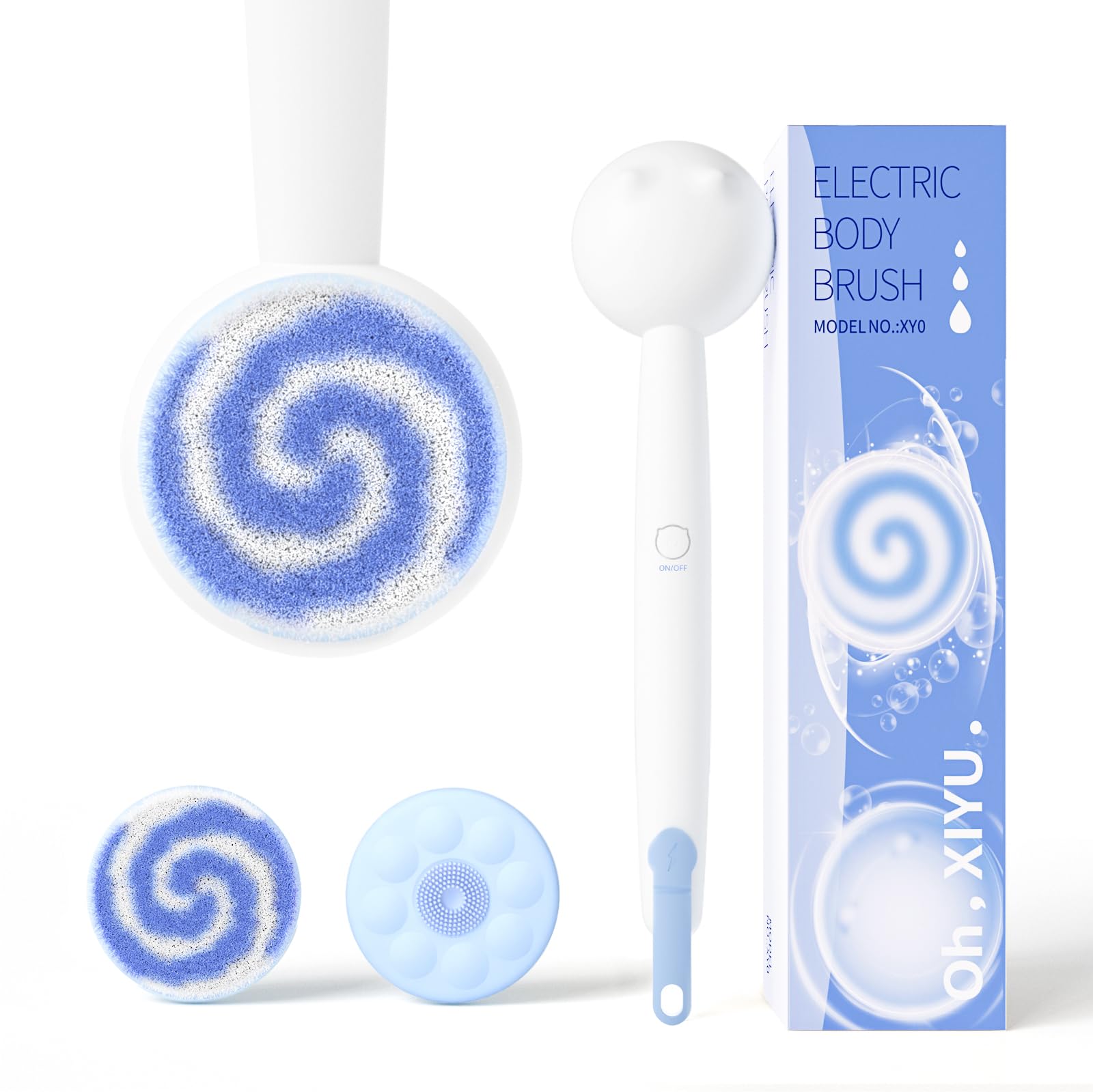 Oh,XIYU. Electric Back Scrubber for Shower Body Brush, Automatic Body Scrubber for Cleansing, Massaging and Exfoliating, Rechargeable Bath Brush with 2 Heads, 3 Speeds & Waterproof, Coconut Milk White