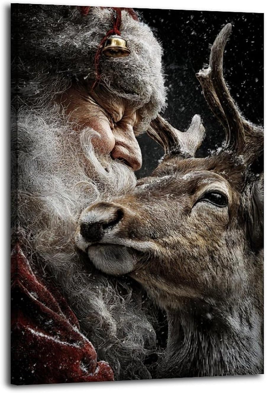 Framed Santa Claus Reindeer Canvas Wall Art Poster Living Room Picture Vintage Print Christmas Home Decor Abstract Bedroom Kitchen Decor 16x24inch(40x60cm)