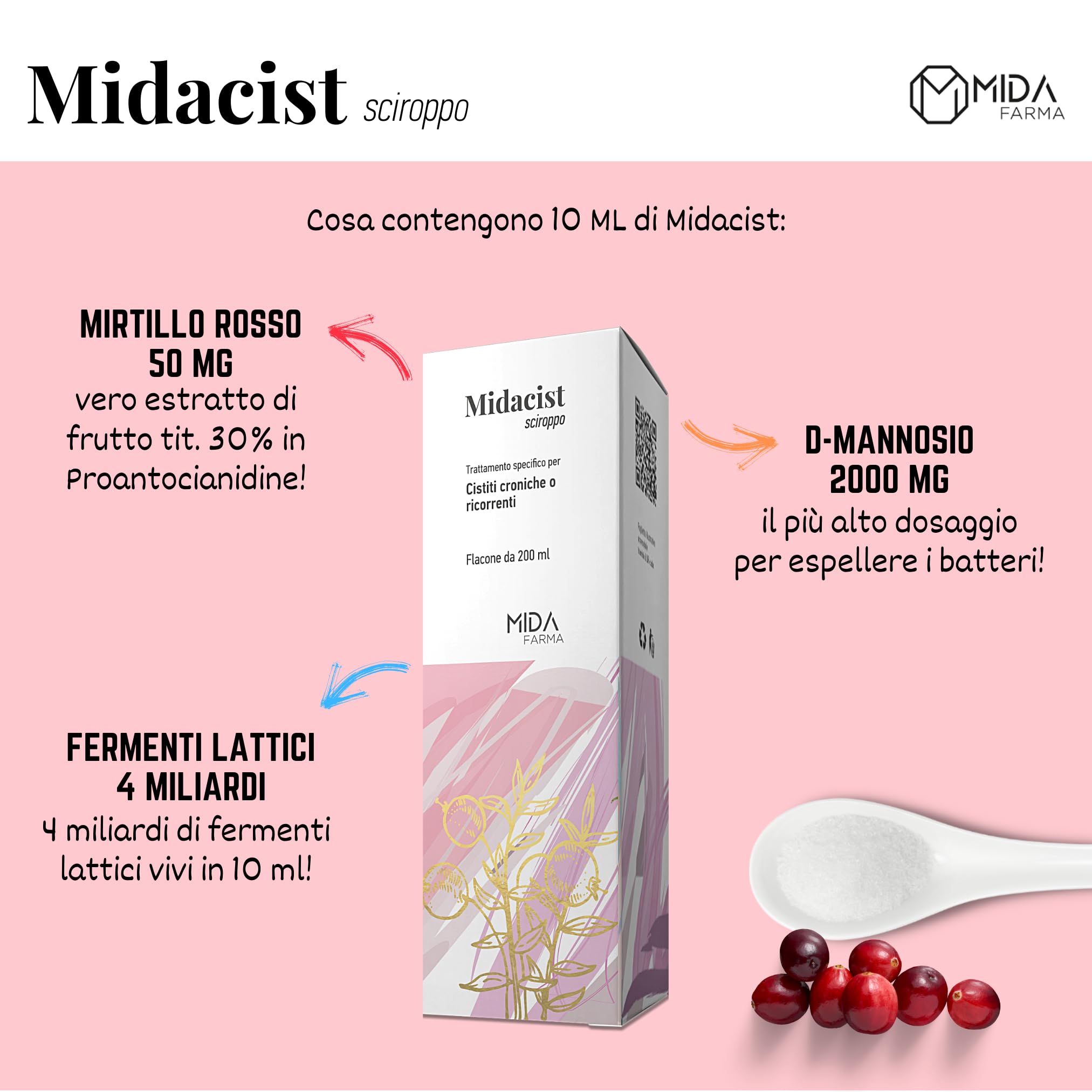 D Mannosio 2000 mg e Mirtillo Rosso | Per Cistite, Candida, Infezioni Urinarie | Con Fermenti Lattici | Sciroppo da 200ml