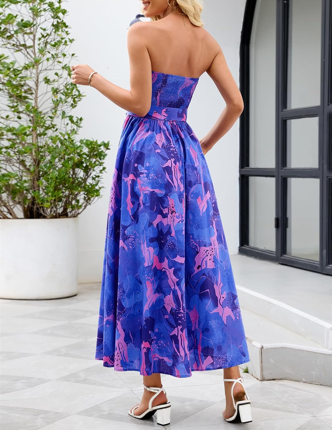 MEROKEETY Women's Summer Floral Maxi Dresses 2026 Strapless Tube Smocked Tie Boho Beach Wedding Guest Flowy Long Sundress - Image 3
