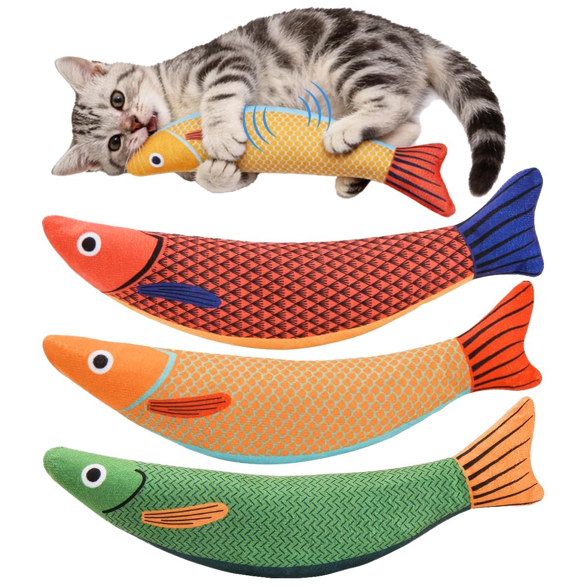 Cat Fish Toy, 3 PCS Saury Fish Cat Nip Toys, Fish Kicker with Catnip and Valerian, Soft and Durable Catnip Toys with Bell Inside Crinkle Sound, Self-Employment and Intelligence Training for All Breeds
