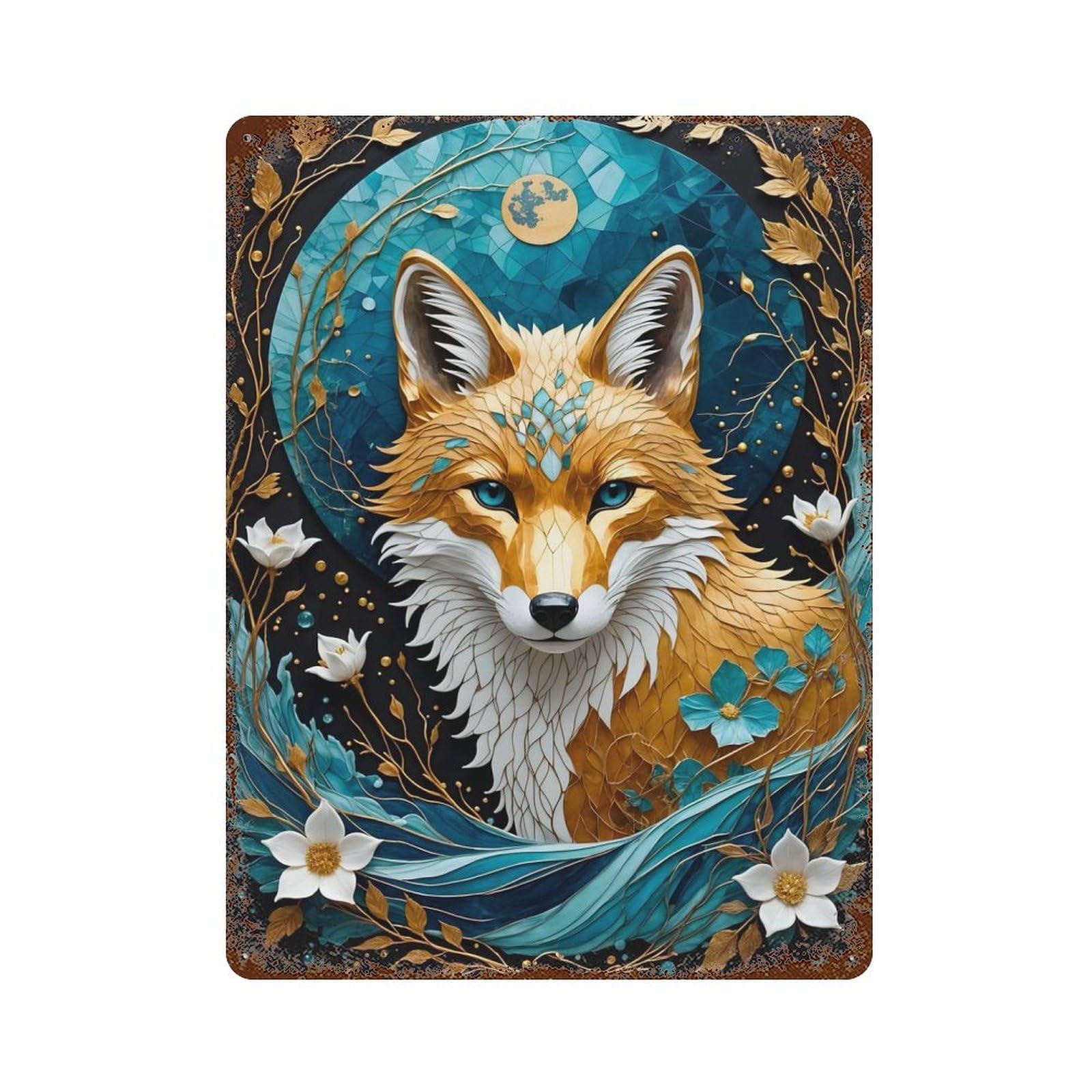 Rust Effect Kitsune Fox Kintsugi Weathered Tin Sign 15.7"x11.8", Novelty Wall Decor for Office, Studio And Wall Decor