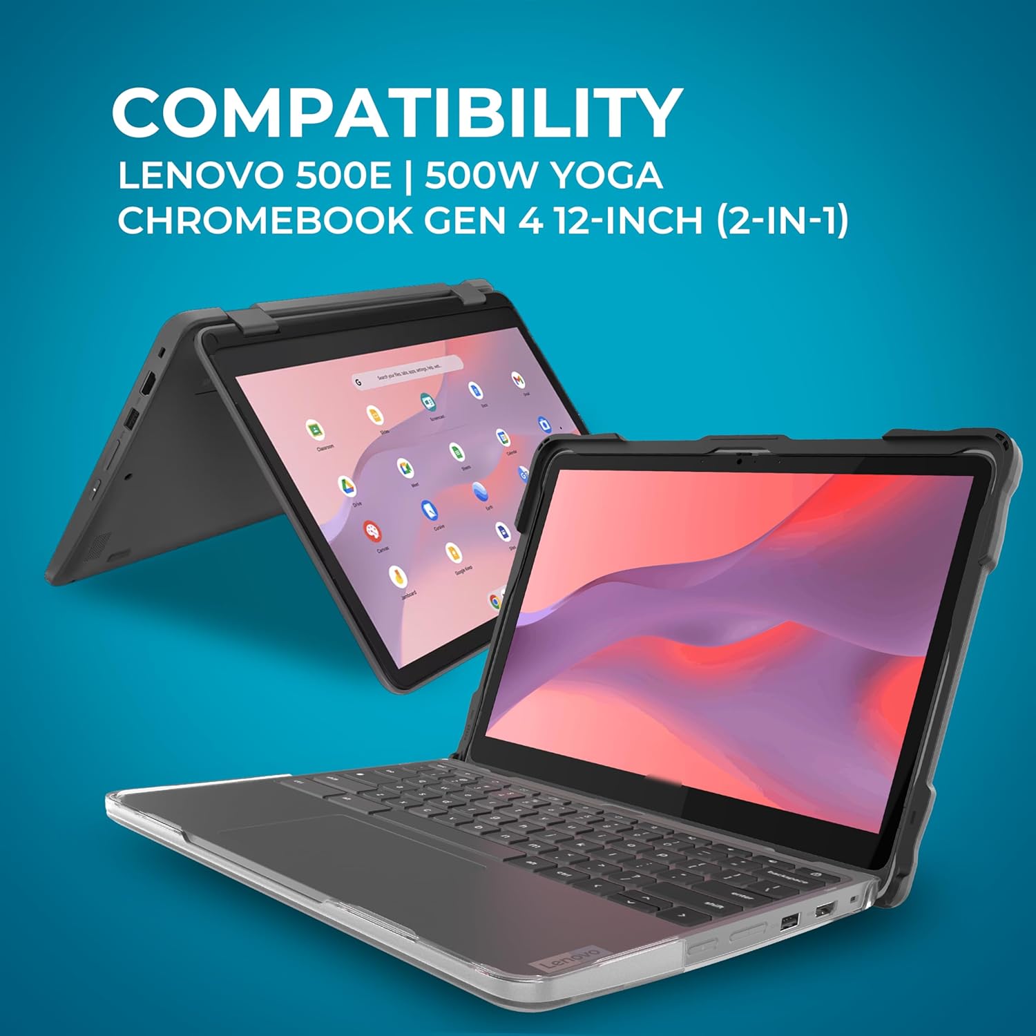 Gumdrop SlimTech Hard Shell Laptop Case Fits Lenovo 500e | 500w Yoga Chromebook Gen 4 (2in1) Rugged Lightweight Reliable Device Protection for Kids K-12 Students School Office or Business Use - Black