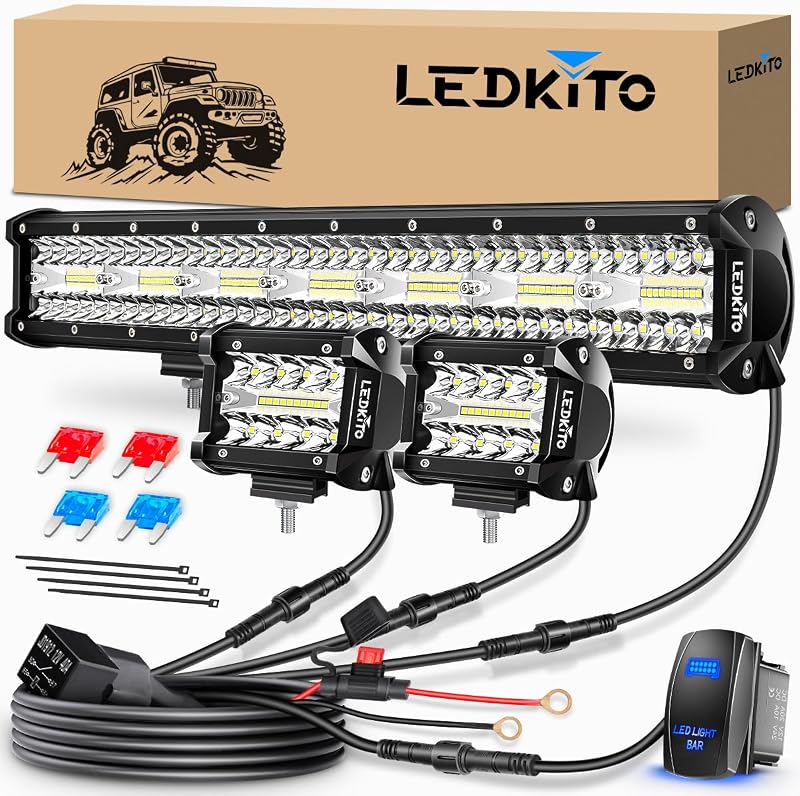 20In LED Light Bar and 4In LED Cube Pods Lights with Wiring Harness | 3Pin Rocker Switch Spot Flood Combo Beam Triple Row Off Road Driving Work Lights Bar for Je-ep Truck Pickup Tractor Golf Car