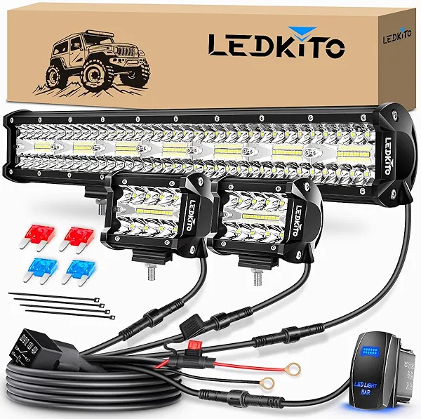 LEDKITO 20 Inch LED Light Bar and 4 Inch LED Pods 2PCS Kit with 3 Leads Wiring Harness Rocker Switch Triple Row Off Road Light Bar Spot Flood Combo Work Light for Pickup UTV Truck Tractor Boat