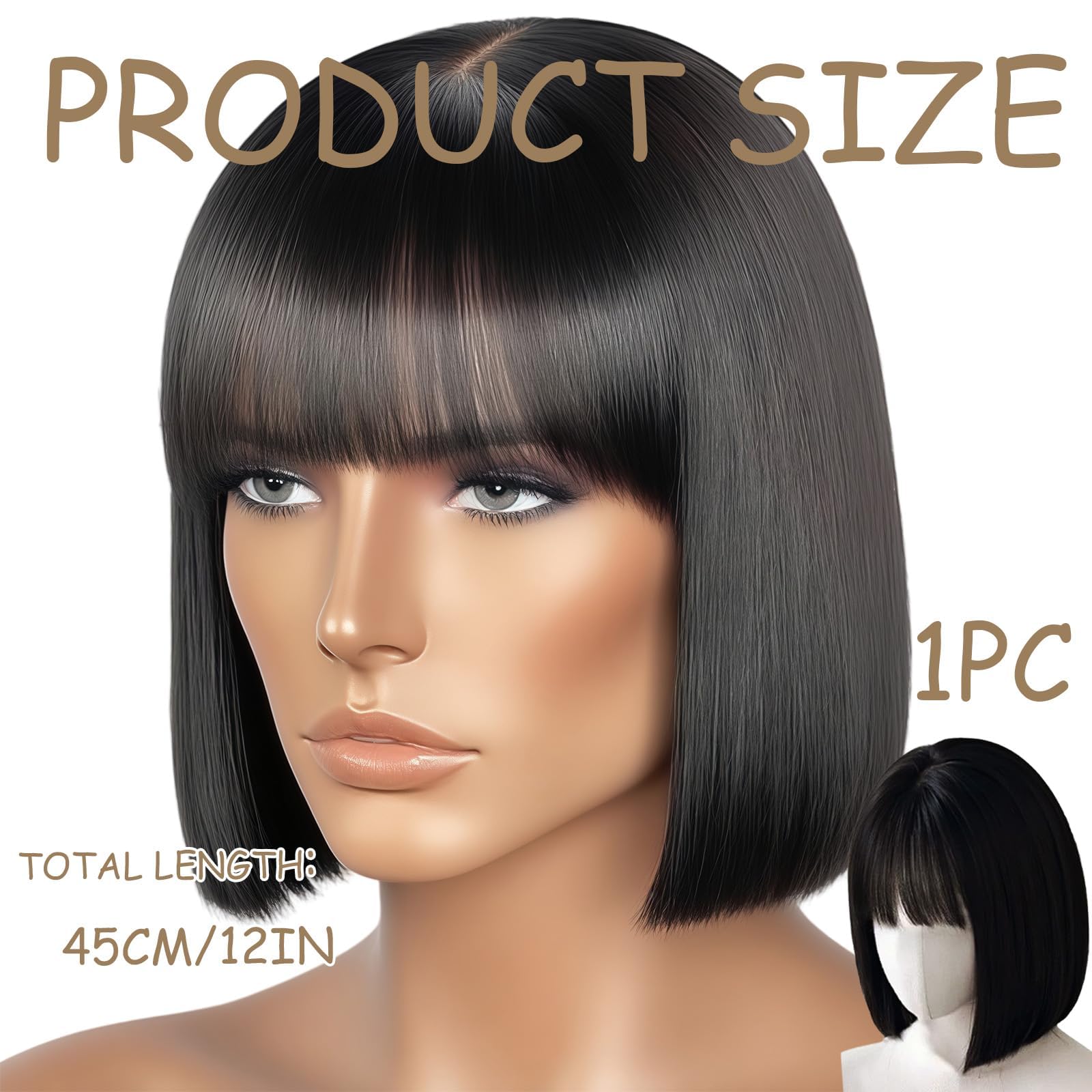Short Black Wig with Fringe - Image 2