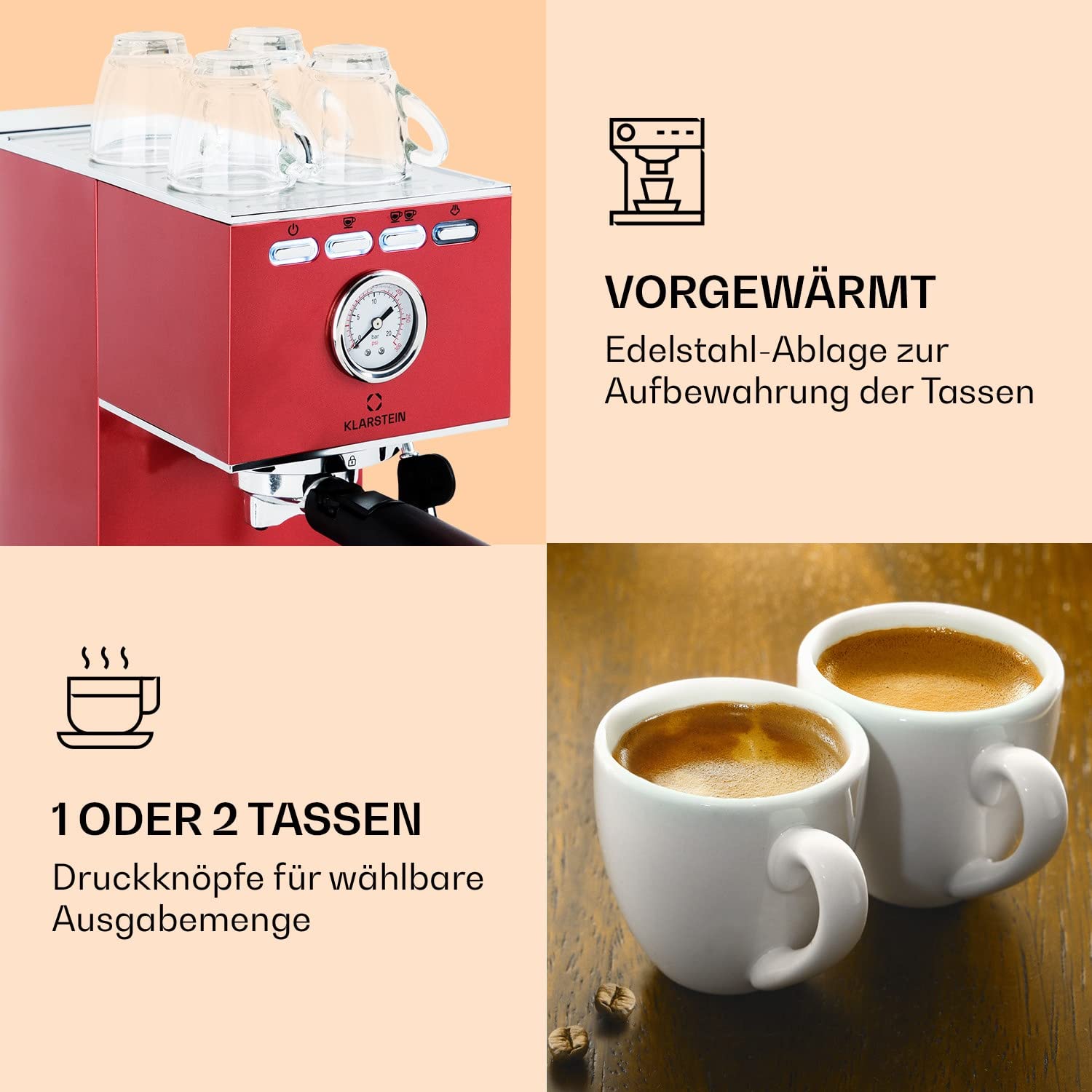 Klarstein Pausa Espressomaker Siebträger 1350 Watt 20 Bar Druck 1,4 Liter Edelstahl rot