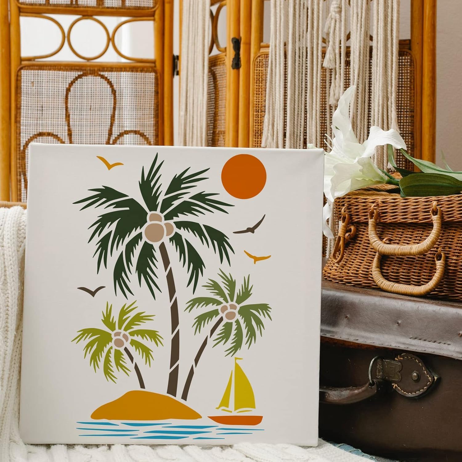 FINGERINSPIRE Palm Trees Stencil 11.7x8.3 Island Sailboat Painting Stencil Summer Sun Geese Pattern Drawing Stencil Reusable Tropical Ocean Beach Theme Stencil for Painting on Wood Wall Home Decor