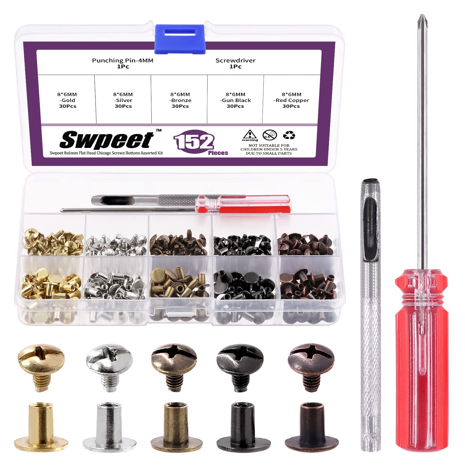 Swpeet 150 Sets 25/64 Inch 5 Colors Round Flat Head Chicago Screws and Hole Punch with Screwdriver Assortment Kit