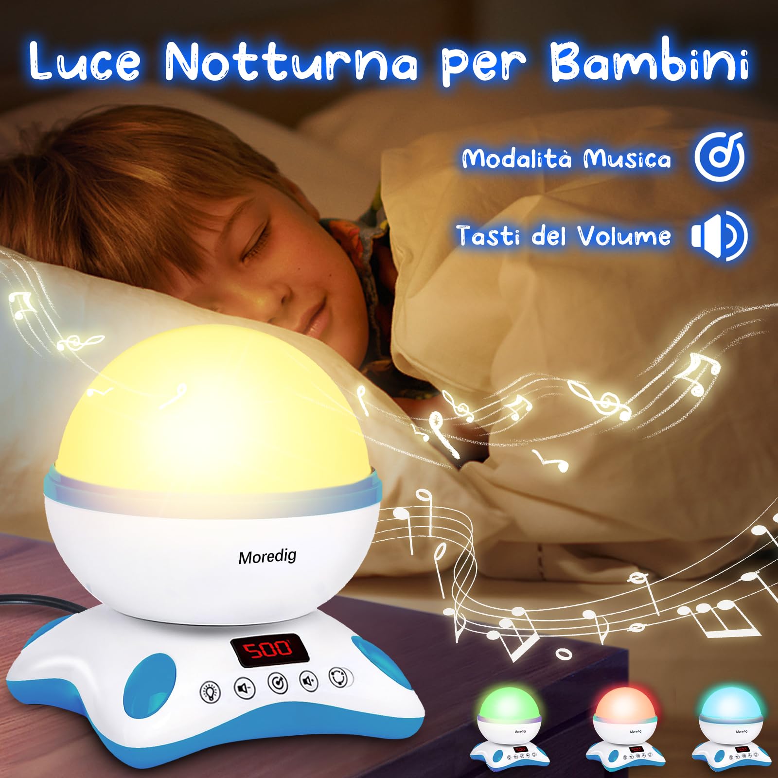 Moredig Proiettore Stelle Soffitto Bambini, Luce Notturna Bambini - 360° Lampada Proiettore +12 Musica+8 Color+Timer Auto, Decorazioni Stelle Luminose Cameretta, Regali per Neonato, Bambini