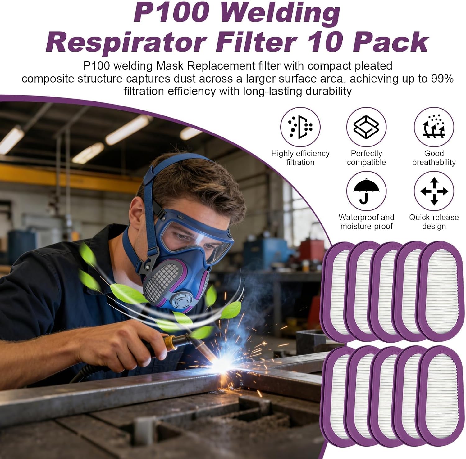 10 Pack P100 Respirator Filters SPR321 Replacement Compatible with Half Respirator Filter for SPR451 SPR457 SPR449 SPR456 Half Mask Respirators S/M M/L