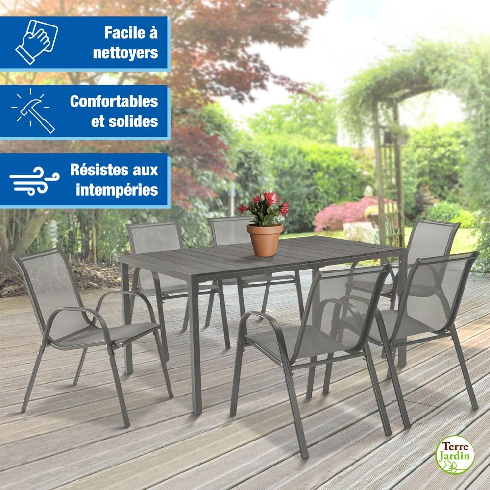 TERRE JARDIN - Chaises de Jardin, Lot de 6 - Chaises Empilables - Gris Anthracite, en Textilène Haute Densité pour Extérieur - Confortables et Design - Unité - Anthracite