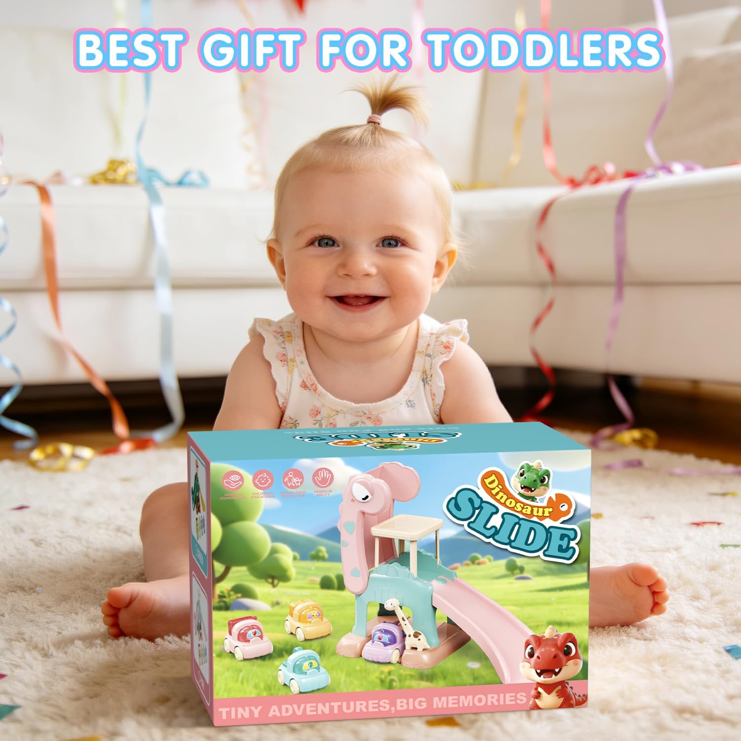 Toddler Toys for 1 2 Year Old Boys Educational Dinosaur Slide Toys with 4 Push Car Toys for Baby 12-18 Months,First Birthday Easter Gifts for Kids,Montessori Learning Race Car Track Ages 1-2 (Pink)