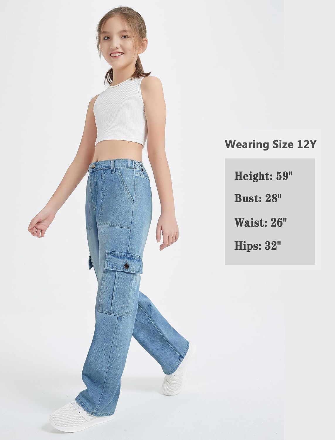 EXARUS Girls Jeans Cargo Denim Teen Hiking Pants Wide Leg Straight Baggy Elastic High Waistband Pockets Kids 8-14 Years