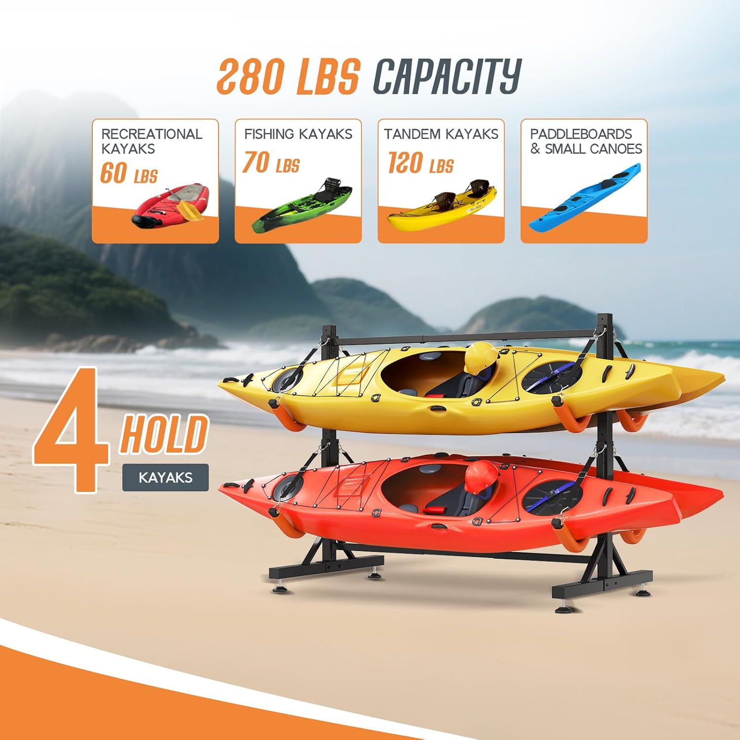 SPECRAFT Freestanding Kayak Storage Rack, Adjustable Width Stand with Stable Base, Elastic Ropes, EVA Tube Sleeves, for Indoor Outdoor Garage