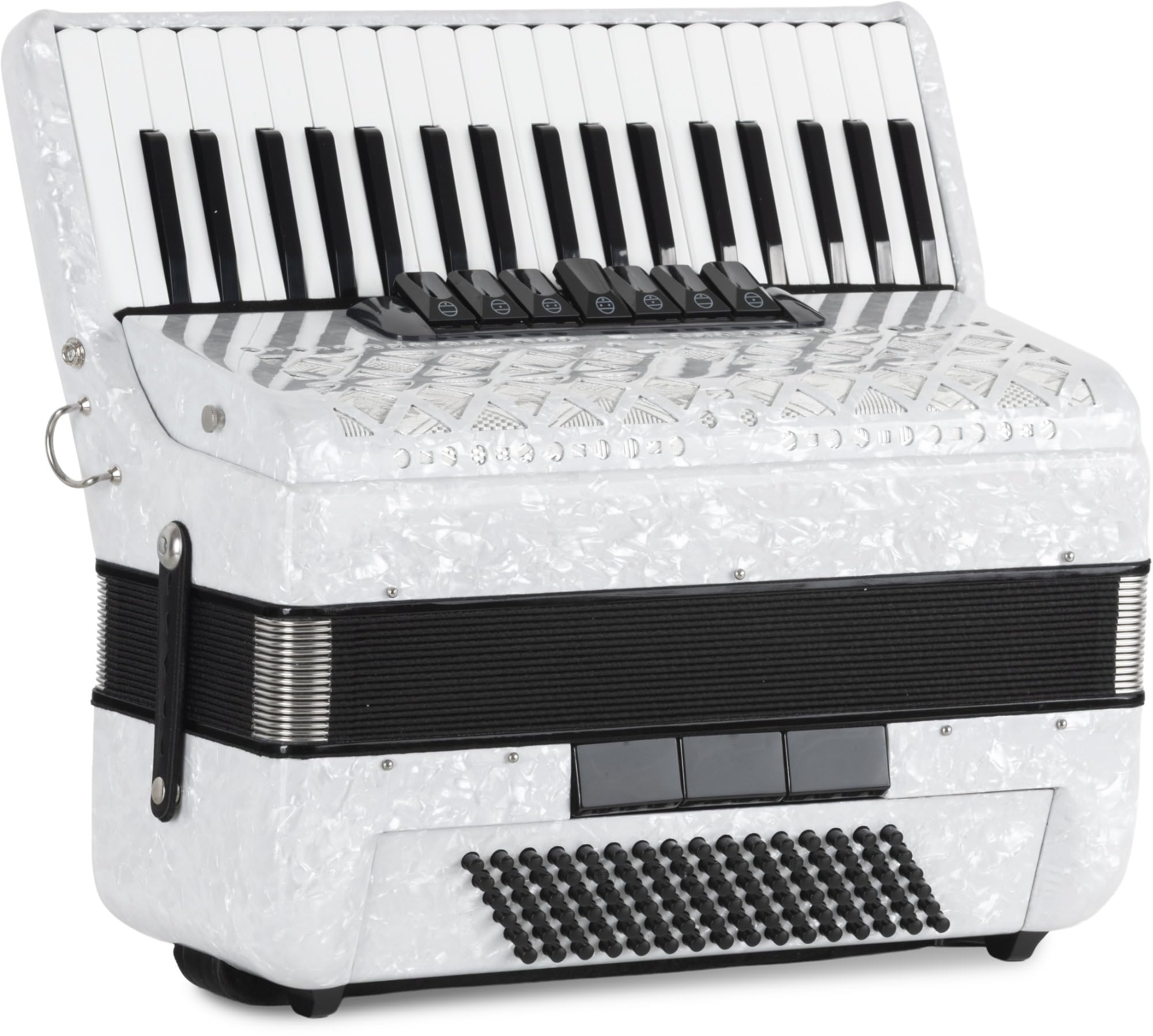 Classic Cantabile Secondo V fisarmonica 96 bassi, 37 tasti nel registro discantico, 3 cori, 5 registri. Corpo bianco perloid, leggera e robusta. Principianti scuola e casa. Include custodia e cinghie