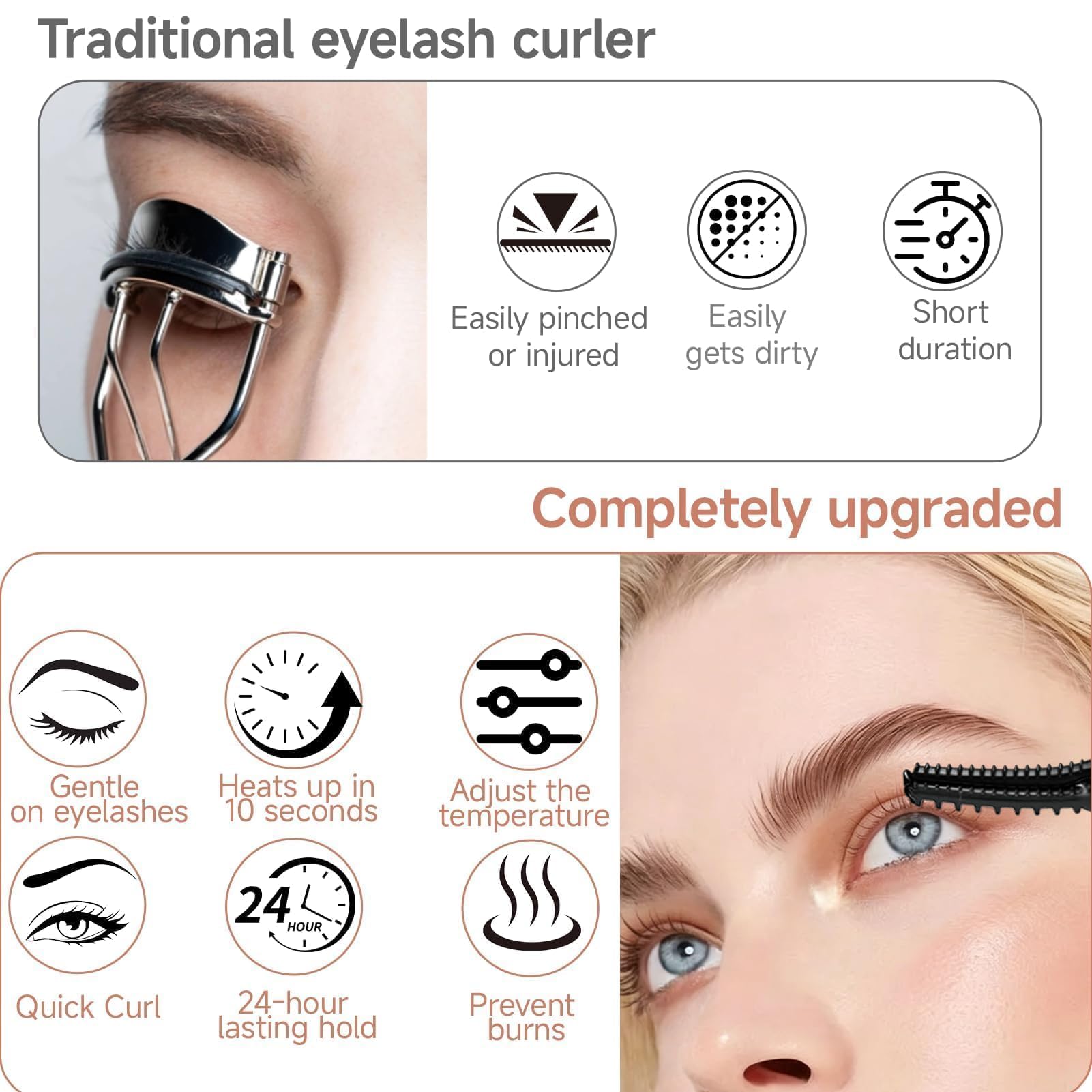 Rizador Pestañas Electrico, Heated Eyelash Curler con Termico Calienta en 10 seg 3 Accurate Temperaturas Hasta 95°C para Longue Efecto 24 Horas, Auto Off, Uso Rápido y Sencillo, Recargable por USB