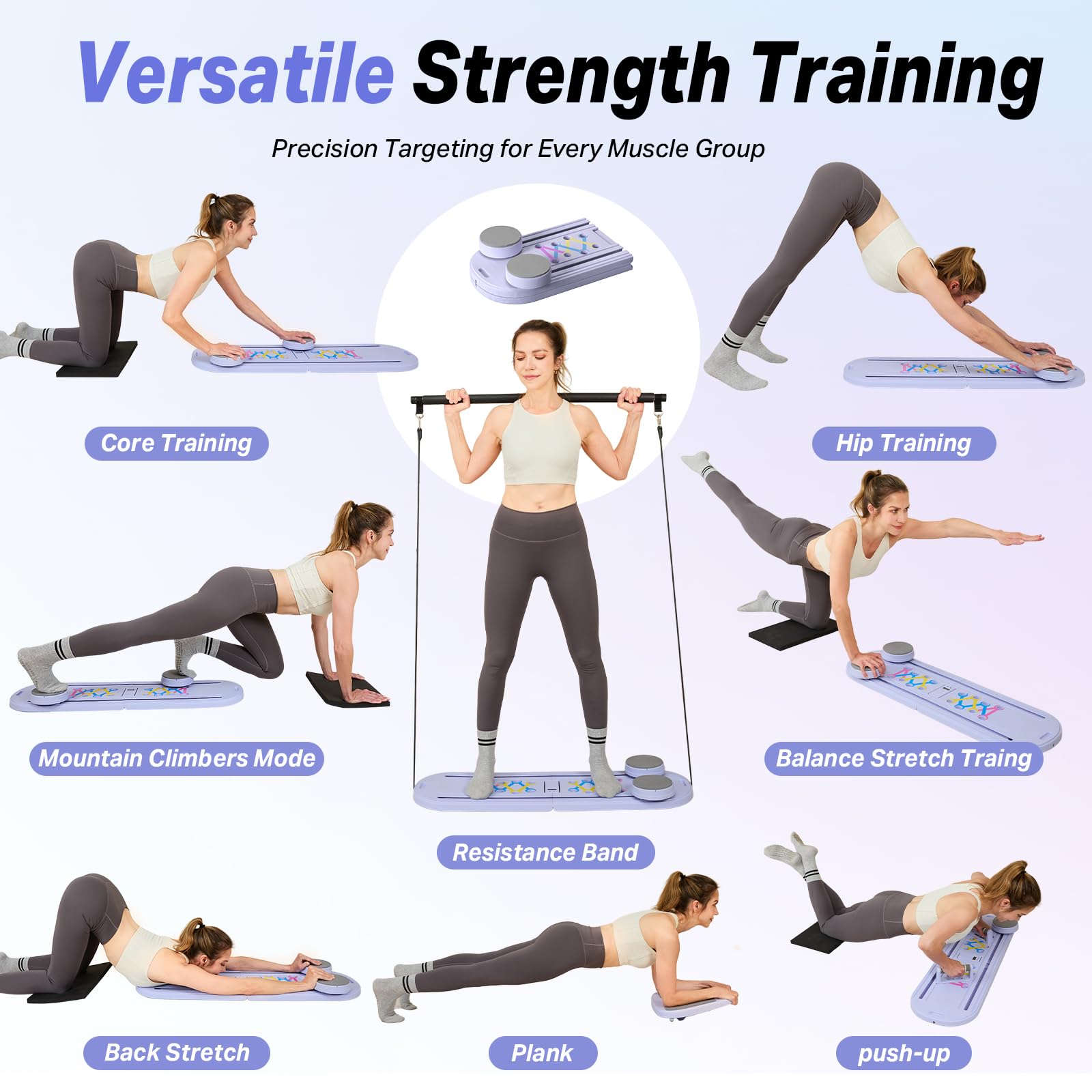 TTFP Pilates Board, Pilates Reformer Set with Timer, Multifunctional Abdominal Board Ab Core Trainer Home Workout Equipment (Lavender)